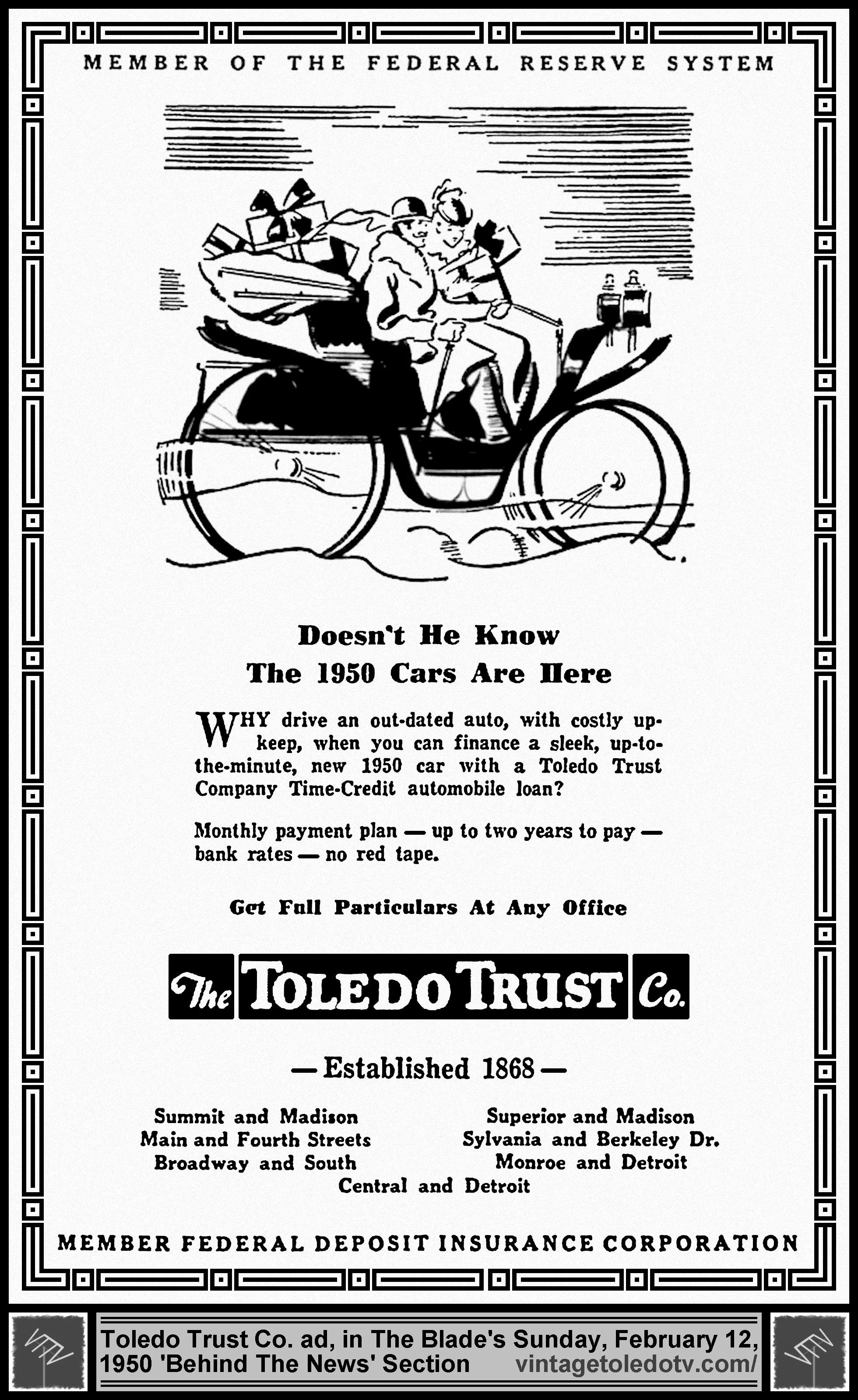 Doesn't He Know The 1950 Cars Are Here...The Toledo Trust Company (Sunday, 2/12/50 ad in The Blade 'Behind the News' Section)