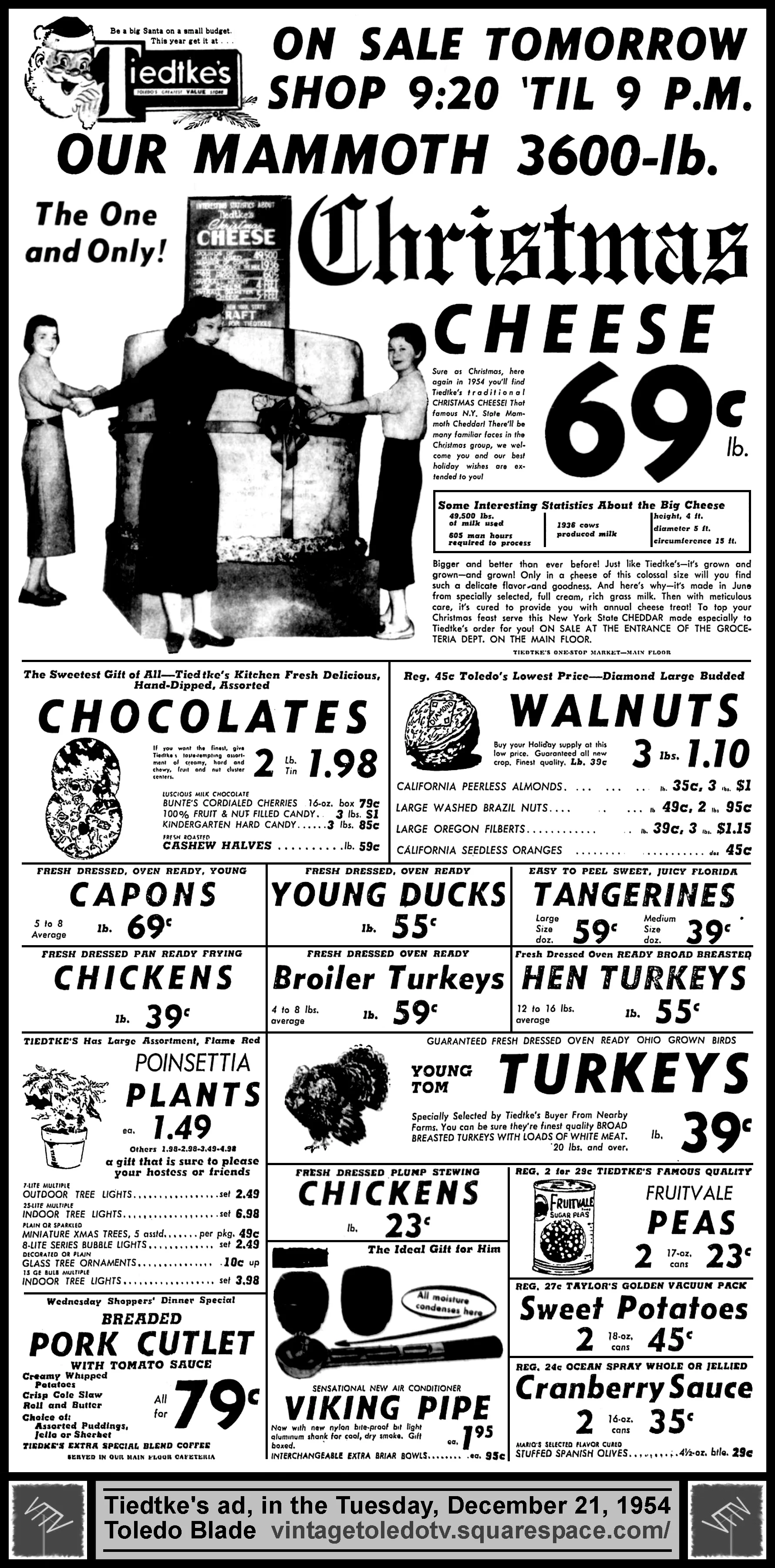 Tiedtke's...Christmas Cheese...(Tuesday, 12/21/54 ad, in The Blade)