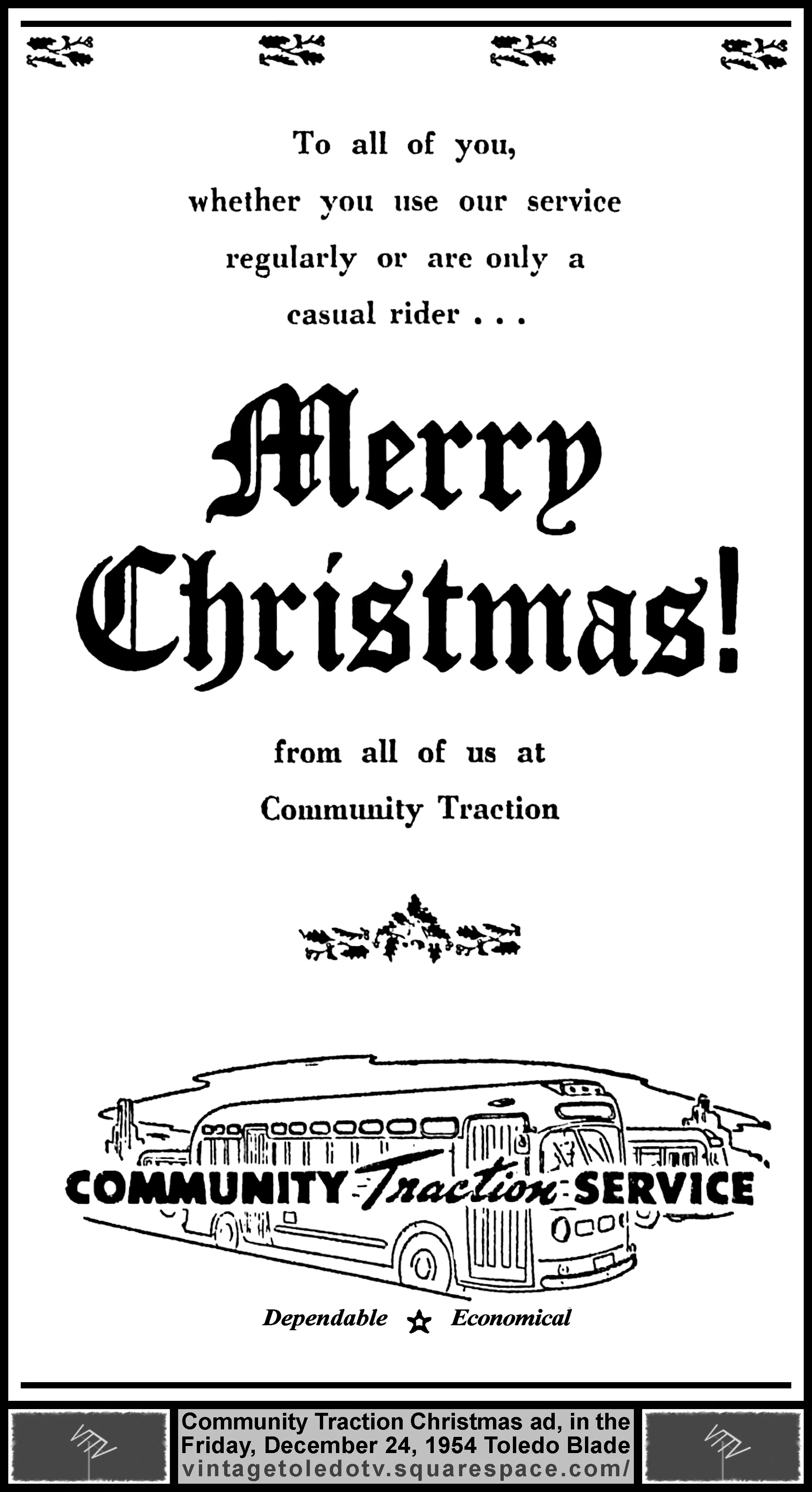 Merry Christmas! from all of us at Community Traction (Friday, 12/24/54 ad, in The Blade)