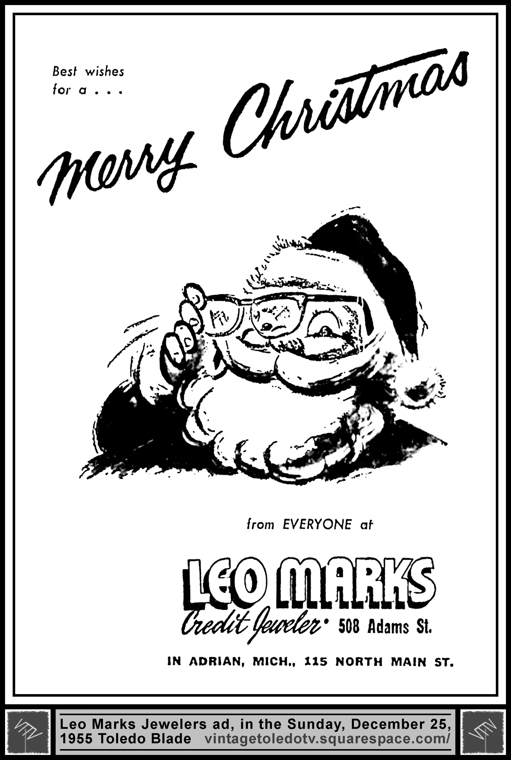 ...Merry Christmas from everyone at Leo Marks Credit Jeweler (Sunday, 12/25/55 ad, in The Blade)