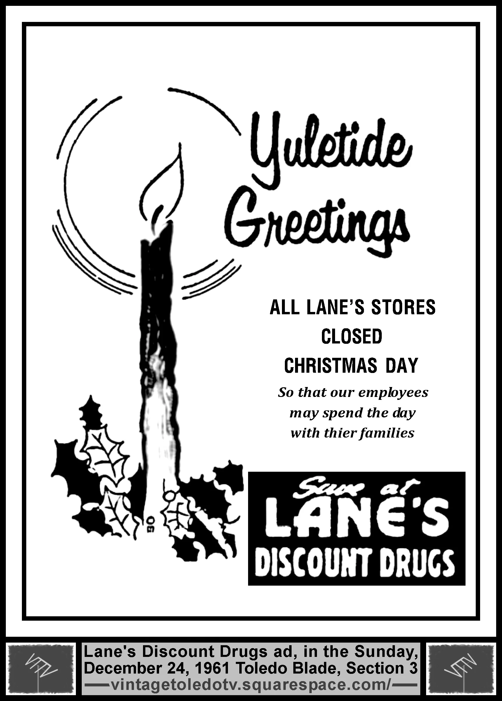 Yuletide Greetings...Lane's Discount Drugs (Sunday, 12/24/61 ad, in Section 3 of The Blade)