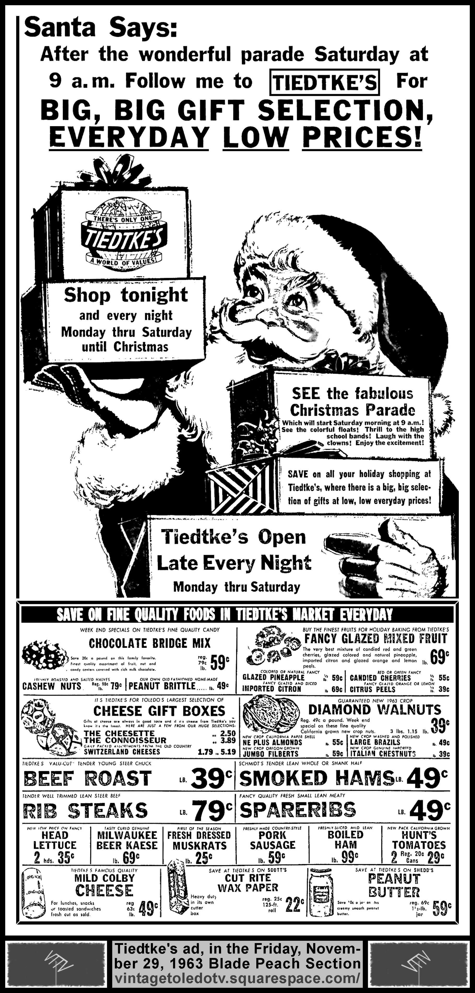 Santa...Tiedtke's...Christmas Parade...(Friday, 11/29/63 ad, in The Blade Peach Section)