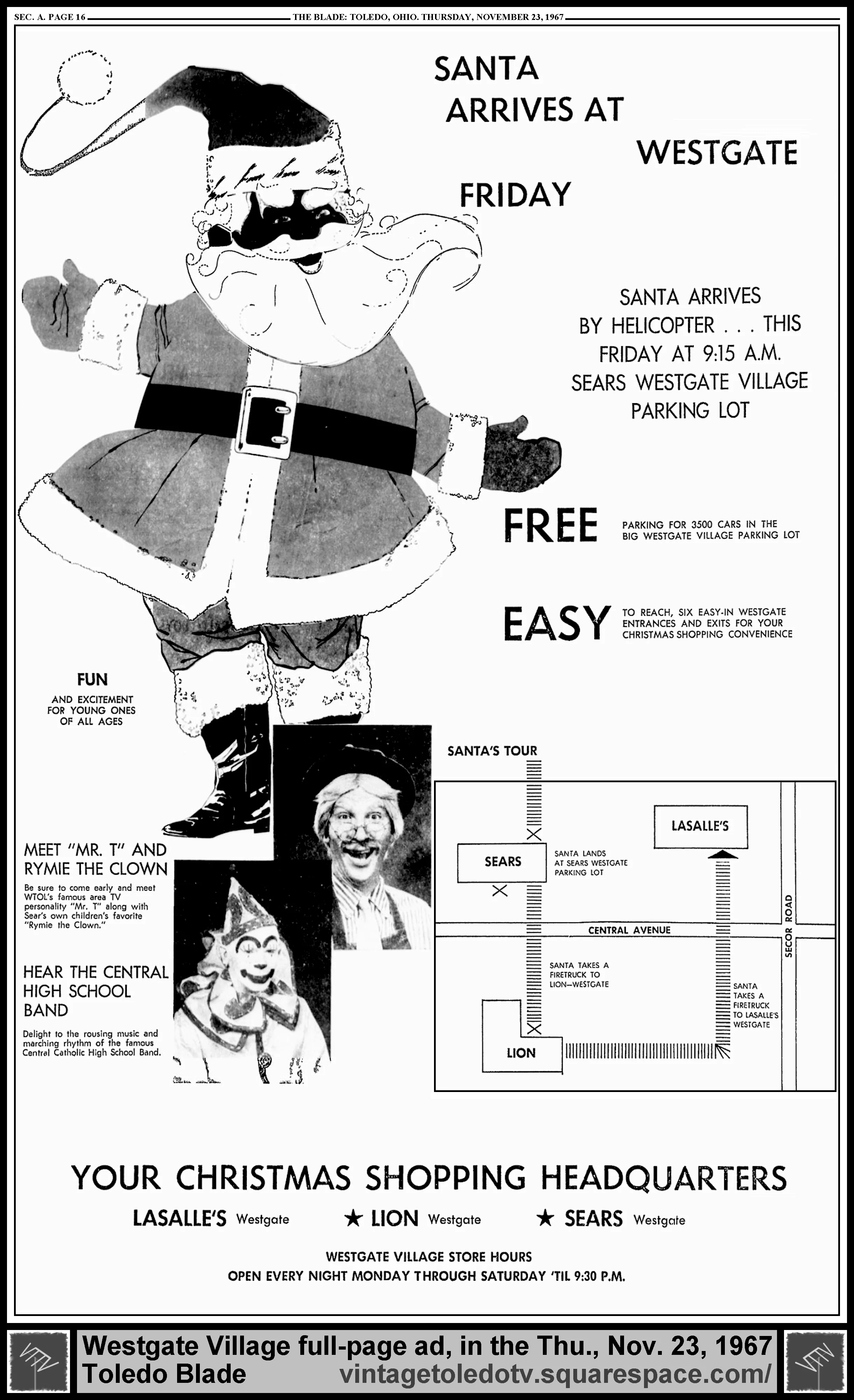 Santa arrives at Westgate Friday (Thursday, 11/13/67 ad, in The Blade)