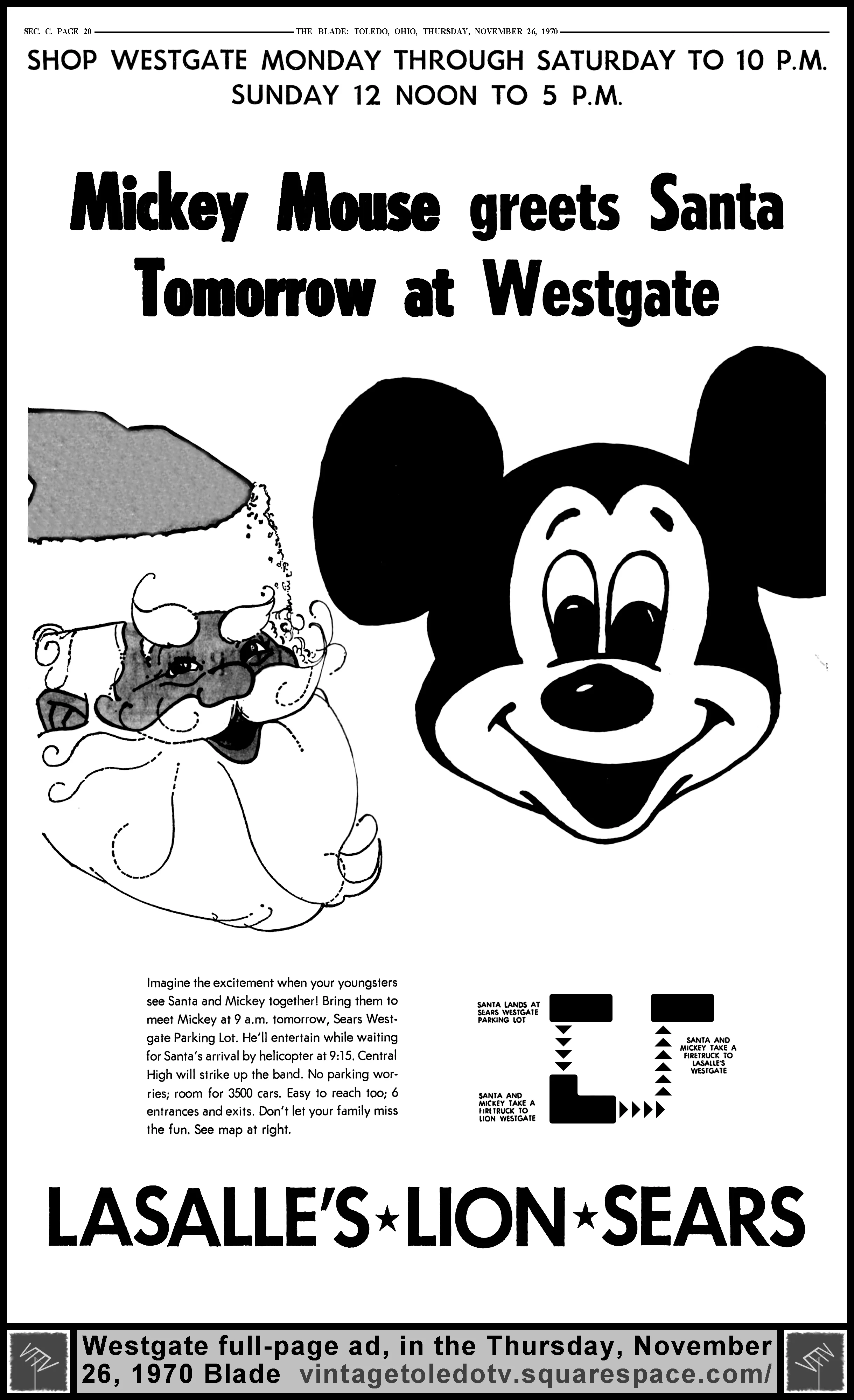 Mickey Mouse greets Santa Tomorrow at Westgate (Thursday, 11/26/70 full-page ad, in The Blade)