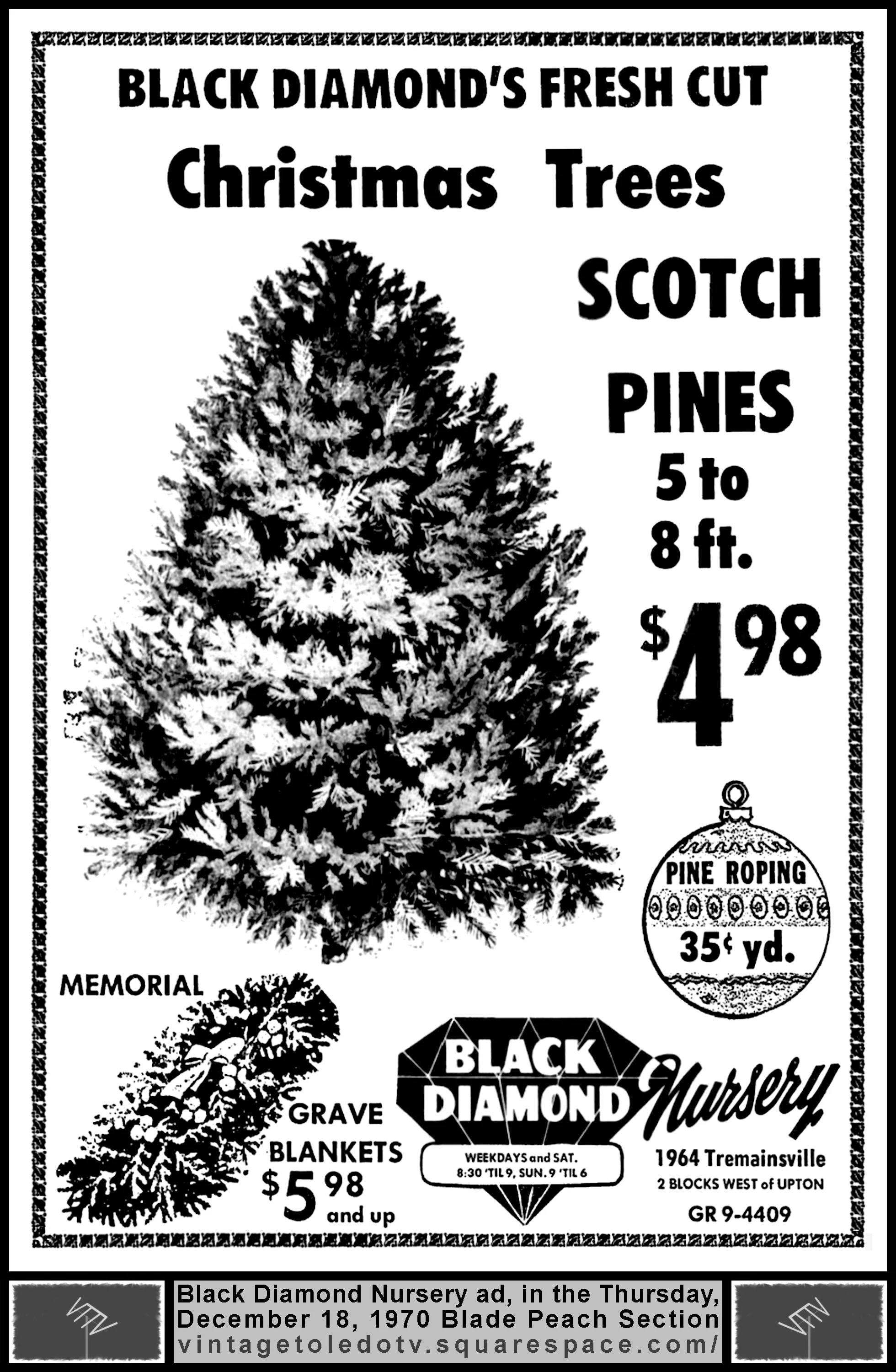 Black Diamond's Fresh Cut Christmas Trees (Thursday, 12/18/70 ad, in The Blade Peach Section)