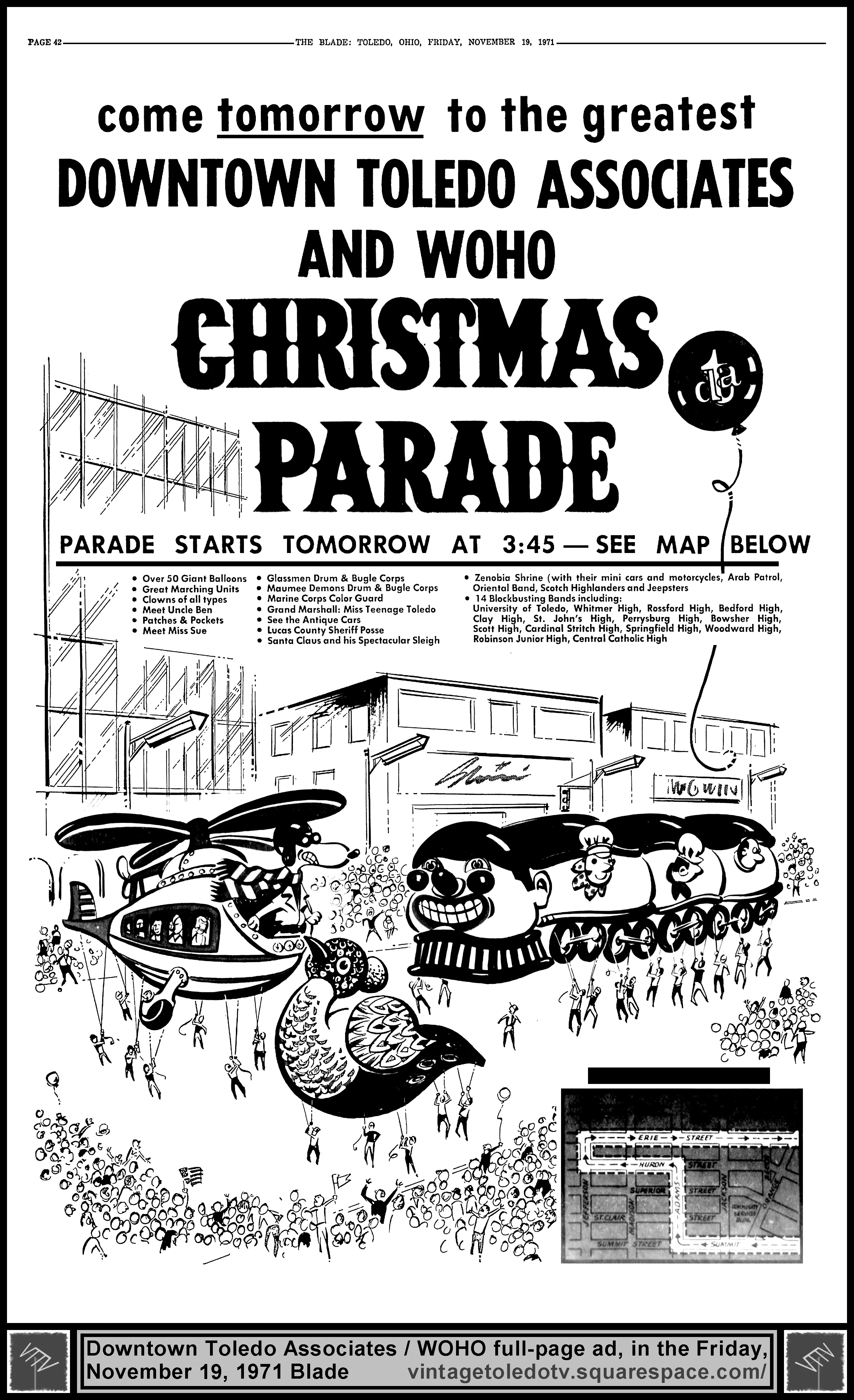 Downtown Toledo Associates and WOHO Christmas Parade (Friday, 11/19/71 full-page ad, in The Bade)