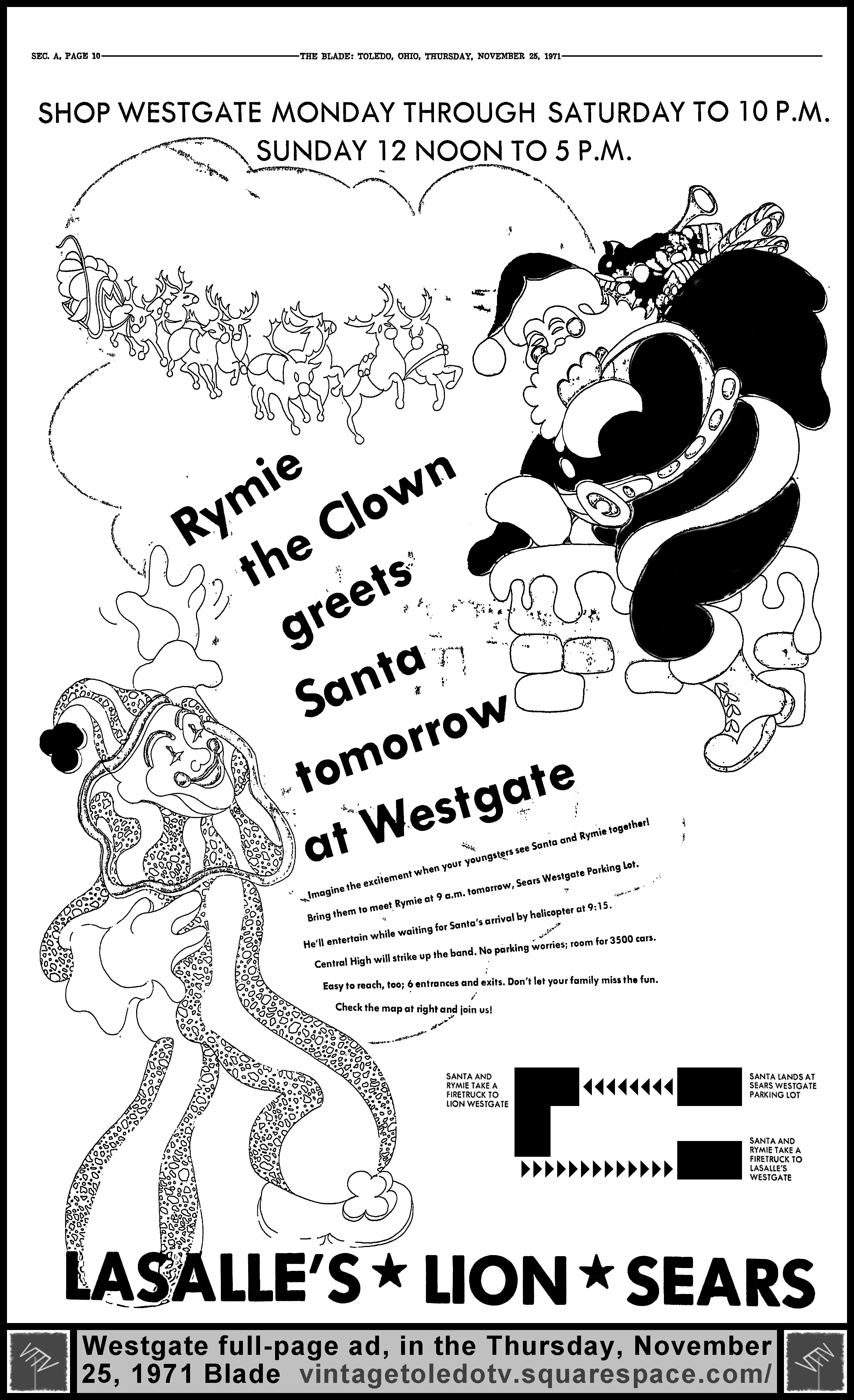 Rymie the Clown greets Santa tomorrow at Westgate (Thursday, 11/25/71 full-page ad, in The Blade)