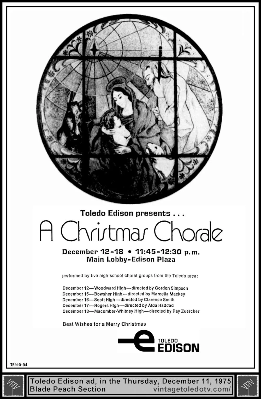 Toledo Edison presents...A Christmas Chorale...Main Lobby-Edison Plaza (Thursday, 12/11/75 ad, in The Blade Peach Section)