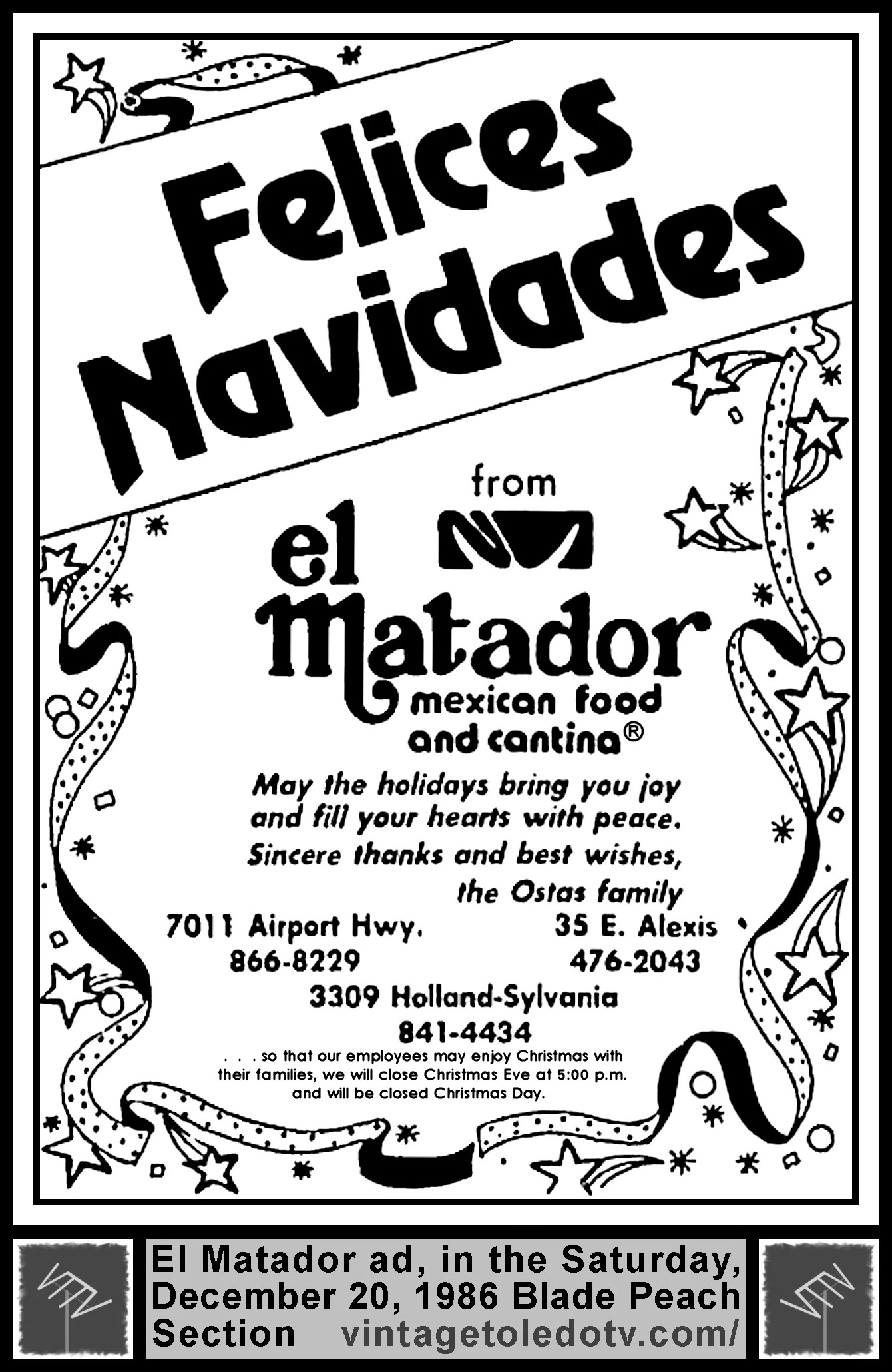 Felices Navidades (Merry Christmas) from El Matador (Saturday, 12/20/86 ad, in The Blade Peach Section)