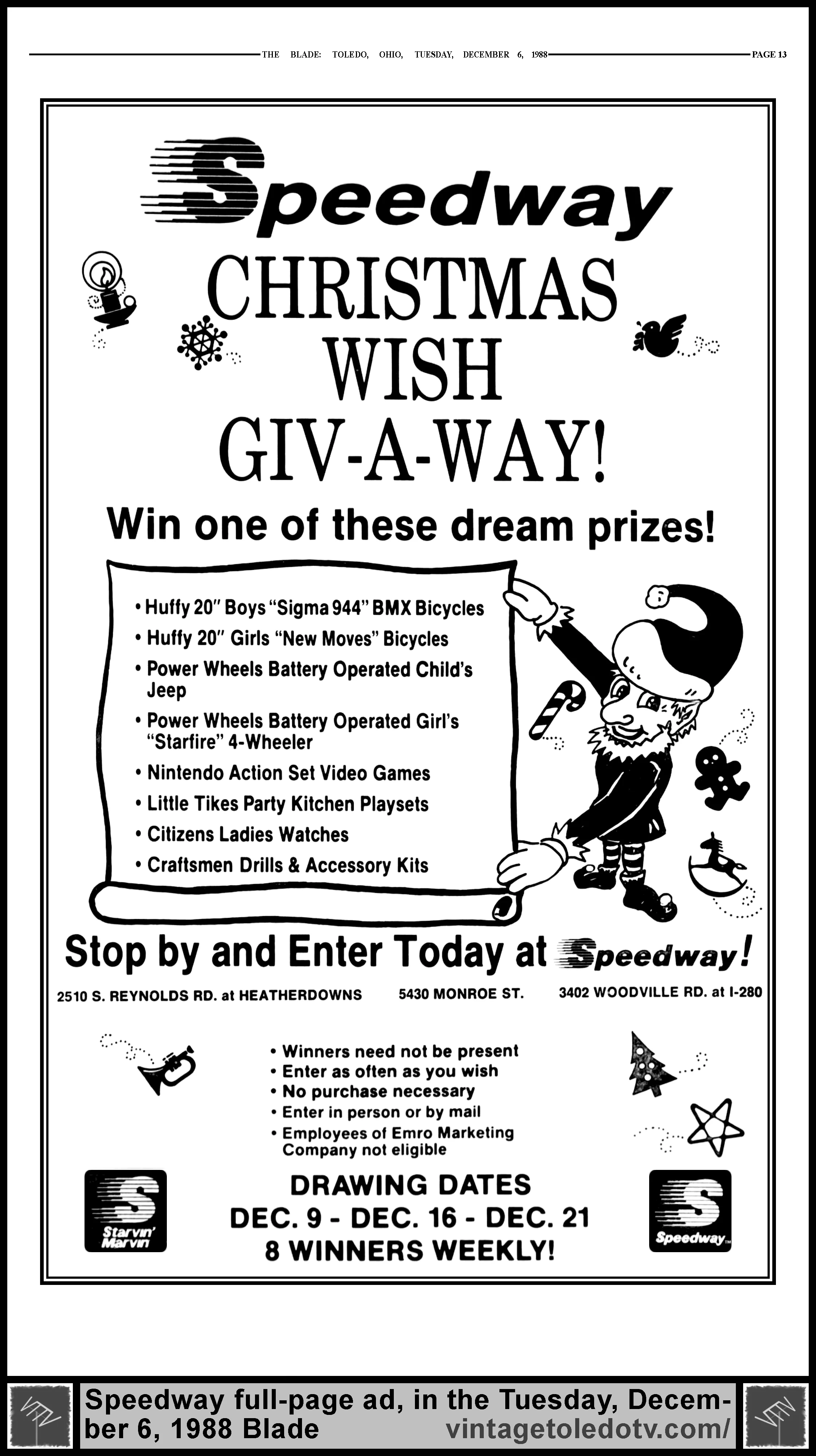 Speedway Christmas Wish Giv-A-Way! (Tuesday, 12/6/88 ad, in The Blade)