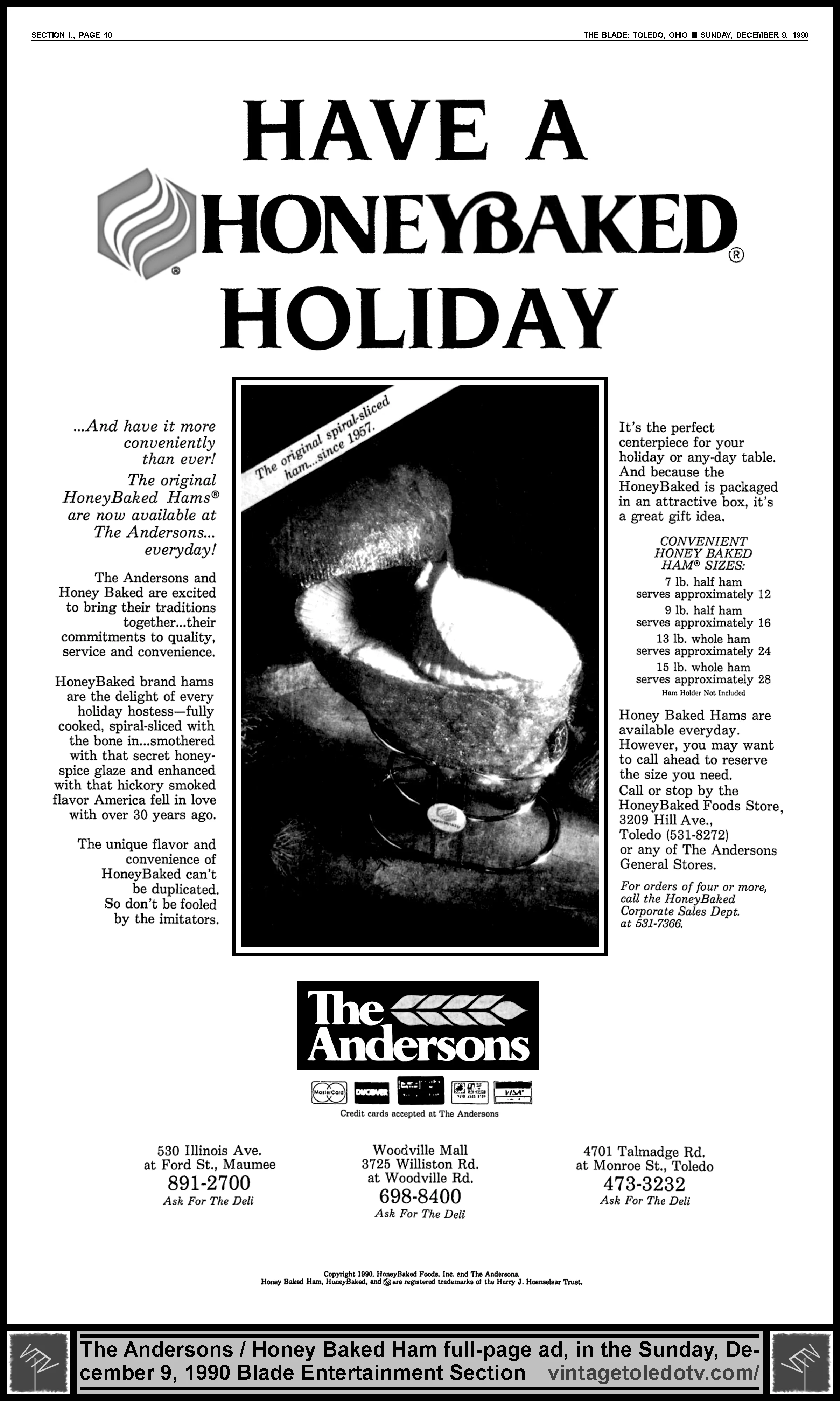 Have a Honeybaked Holiday...The Andersons (Sunday, 12/9/90 full-page ad, in The Blade)