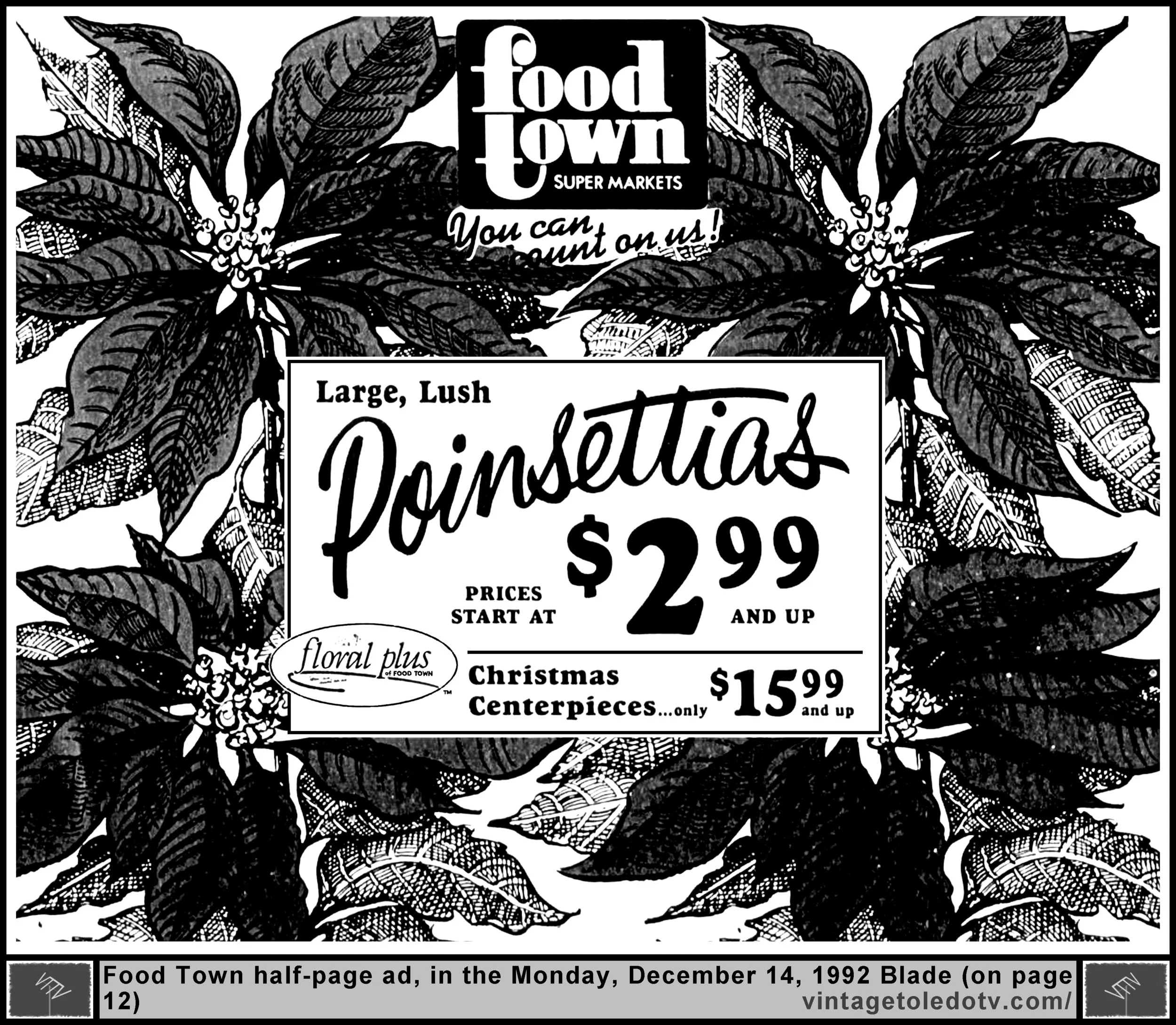 Poinsettias & Christmas Centerpieces at Food Town (Monday, 12/14/92 half-page ad, in The Blade)