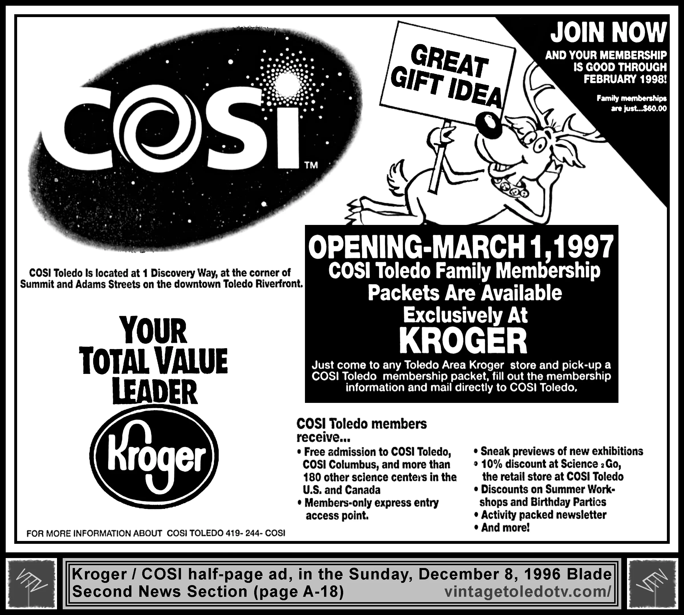 Great Gift Idea: COSI Toledo Family Membership Packets...at Kroger (Sunday, 12/8/96 ad, in The Blade)