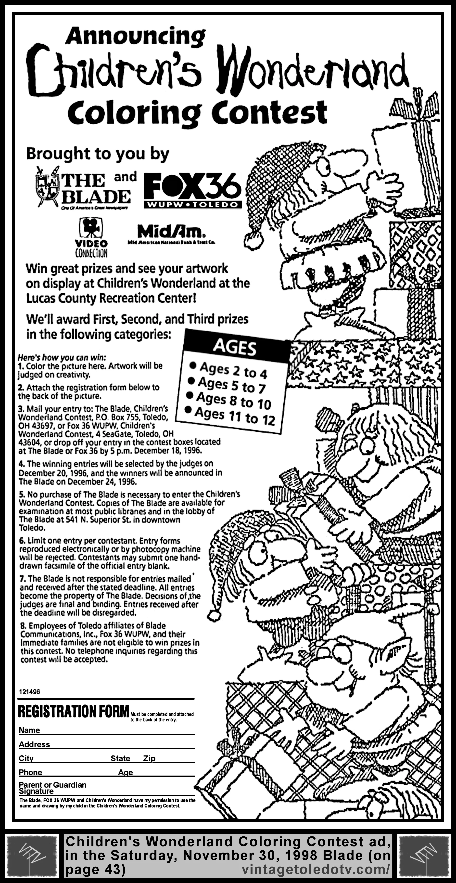 Children's Wonderland Coloring Contest (Saturday, 11/30/98 ad, in The Blade)