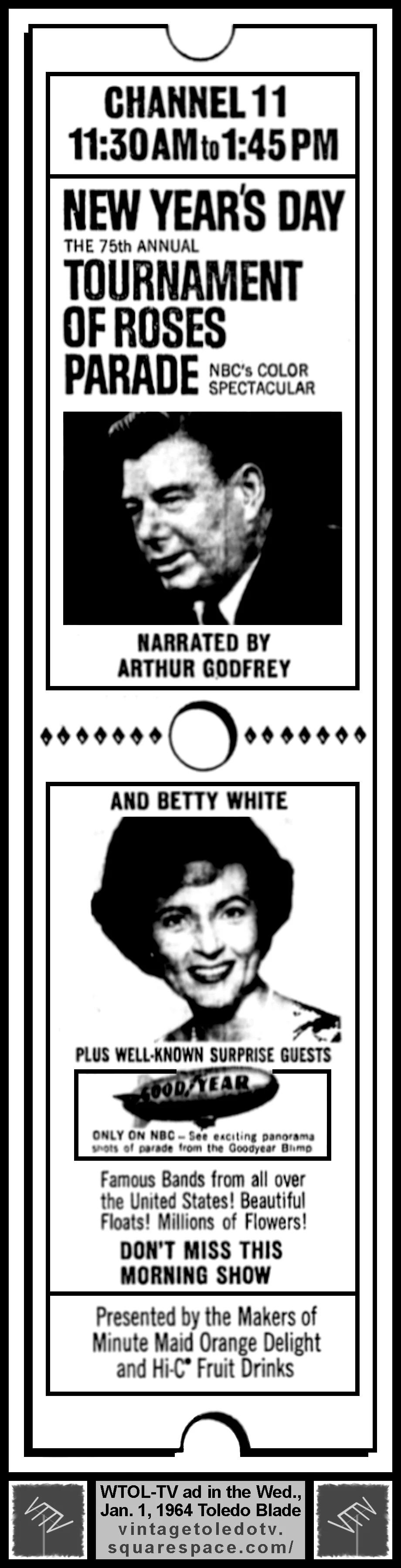 Tournament of Roses Parade on NBC/WTOL-TV 11 (Wednesday, 1/1/64 ad, in The Blade)