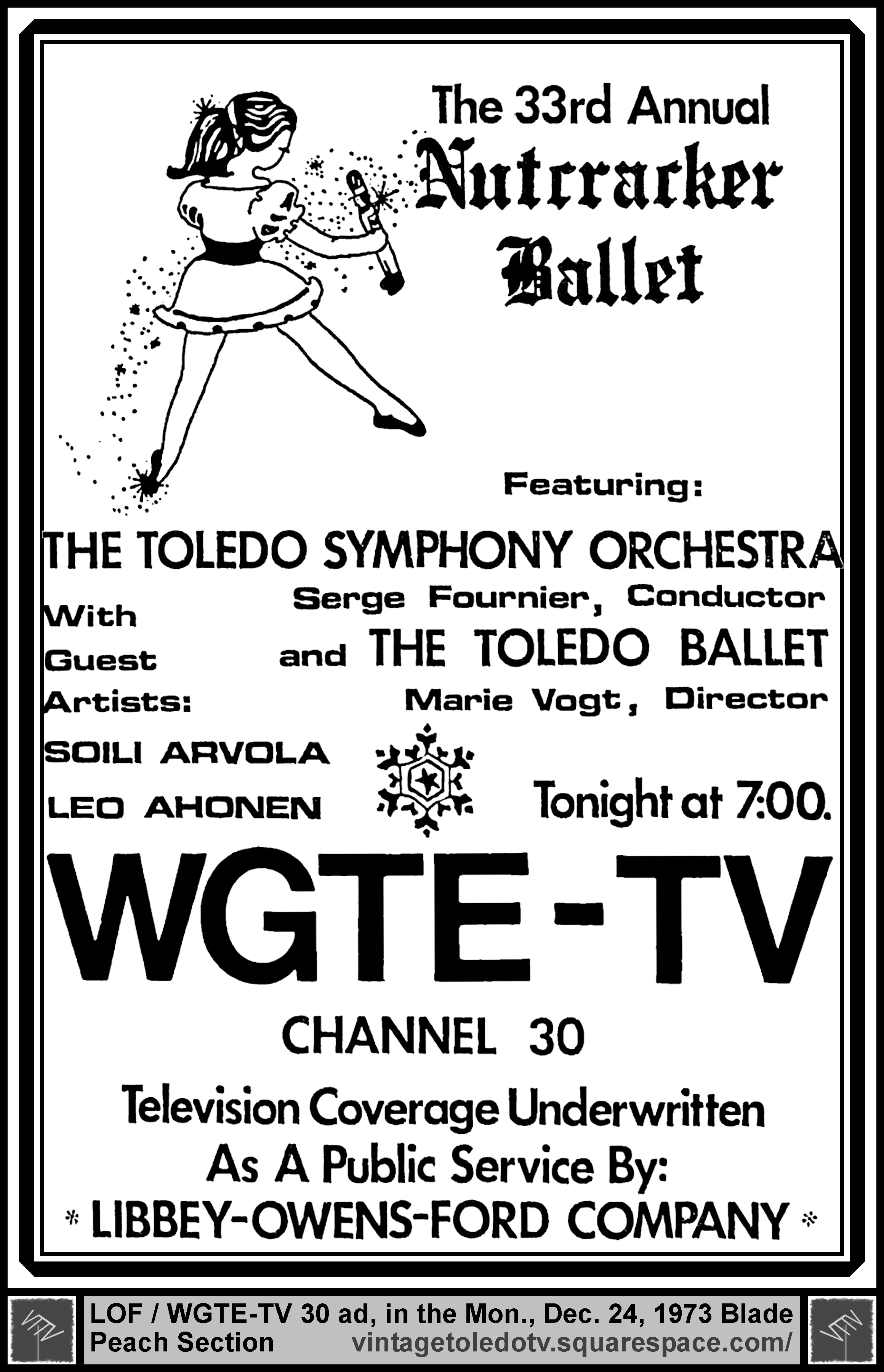 33rd Annual Nutcracker Ballet on WGTE-TV, Channel 30 (Monday, 12/24/73 ad, in The Blade Peach Section)