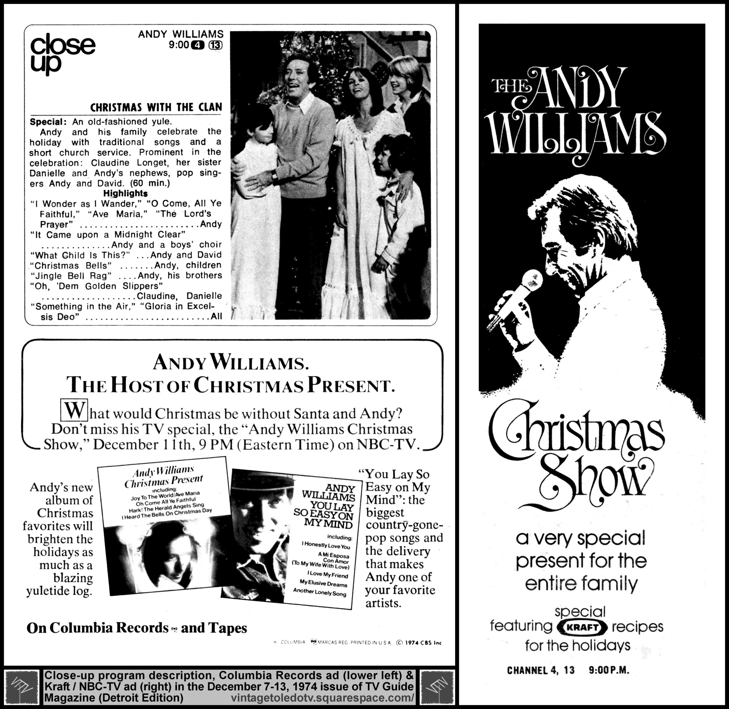 The Andy Williams Christmas Show, on NBC / WSPD-TV 13 / WWJ-TV 4 (Wednesday, 12/11/74 ads & close-up, in TV Guide Magazine-Detroit edition)