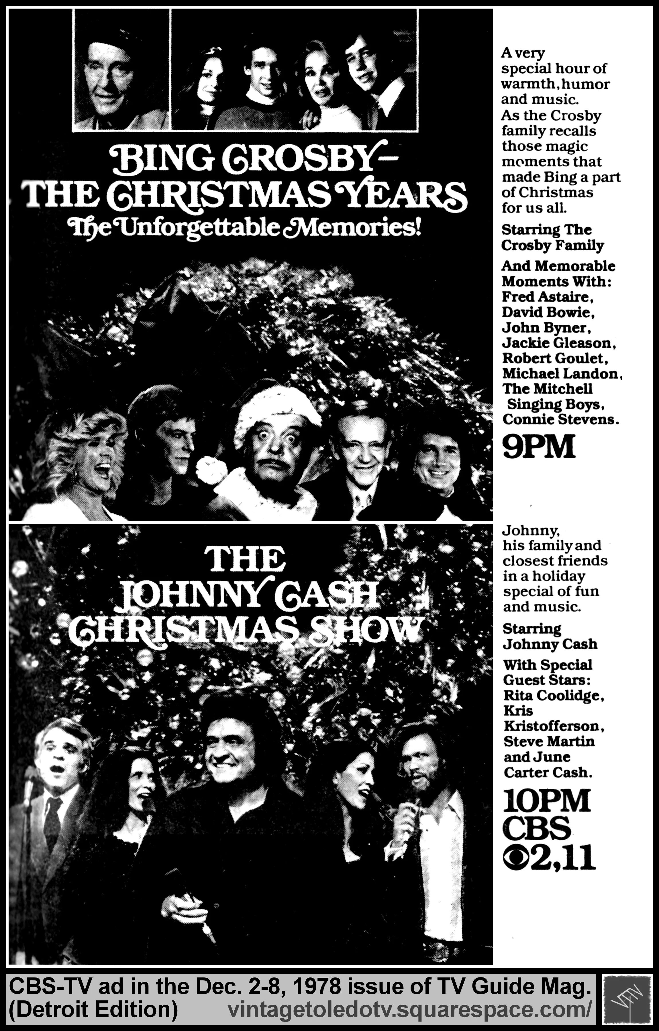 Bing Crosby - The Christmas Years & The Johnny Cash Christmas Show, on CBS / WTOL-TV 11 / WJBK-TV 2 (Wednesday, 12/6/78 ad, in TV Guide Magazine-Detroit edition)