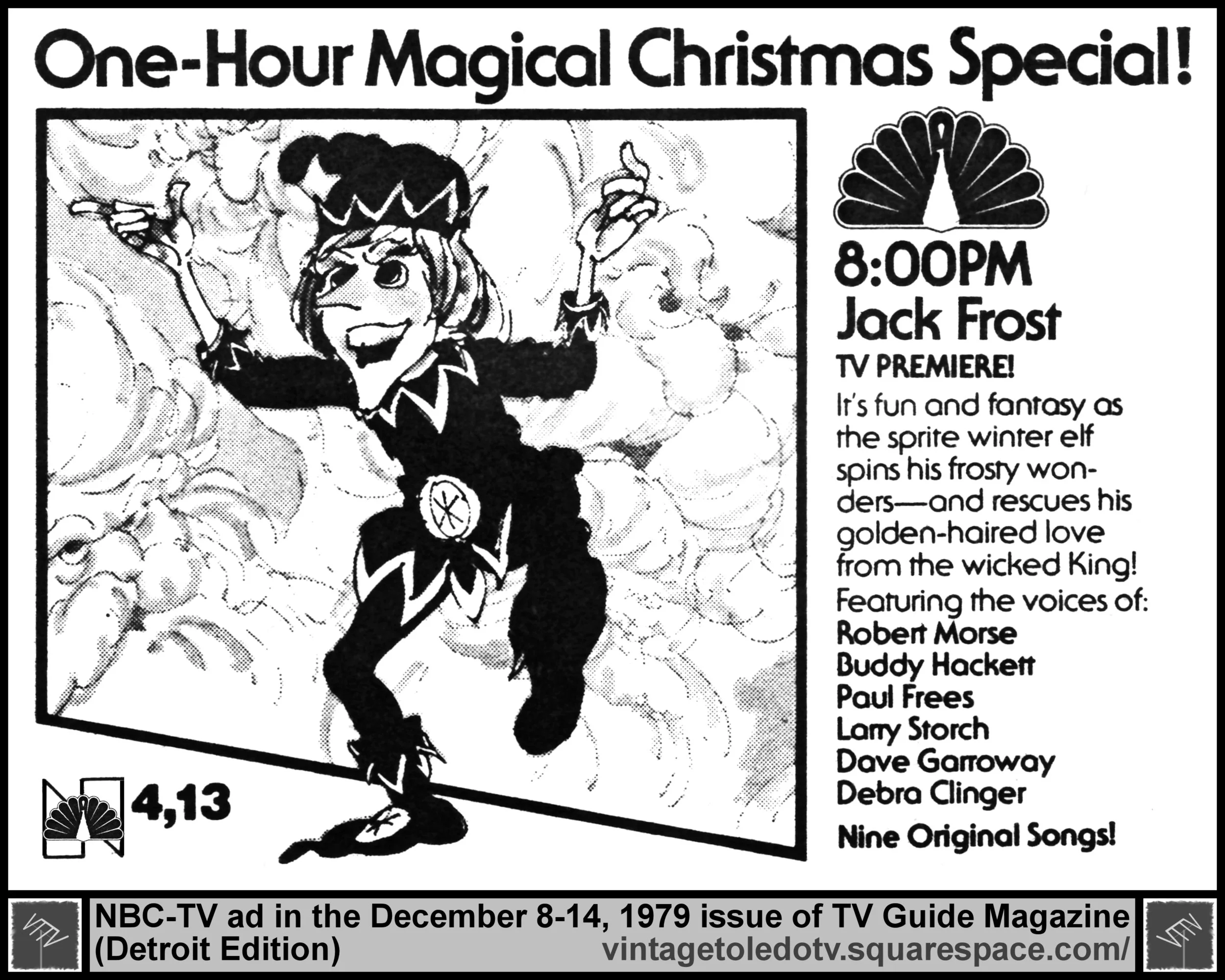 Jack Frost (premiere) on NBC / WTVG-TV 13 / WDIV-TV 4 (Wednesday, 12/12/79 ad, in TV Guide Magazine-Detroit edition)
