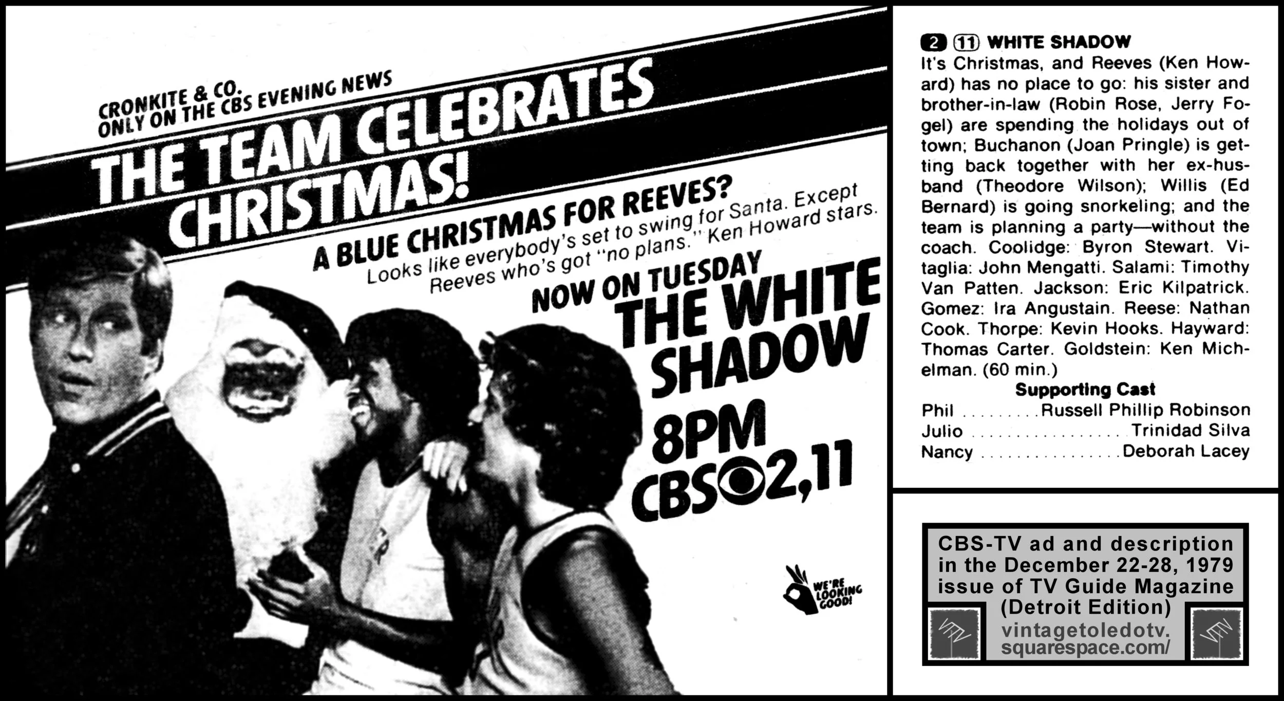 The White Shadow "A Christmas Present" on CBS / WTOL-TV 11 / WJBK-TV 2 (Tuesday, 12/25/79 ad and listing, in TV Guide Magazine-Detroit edition)