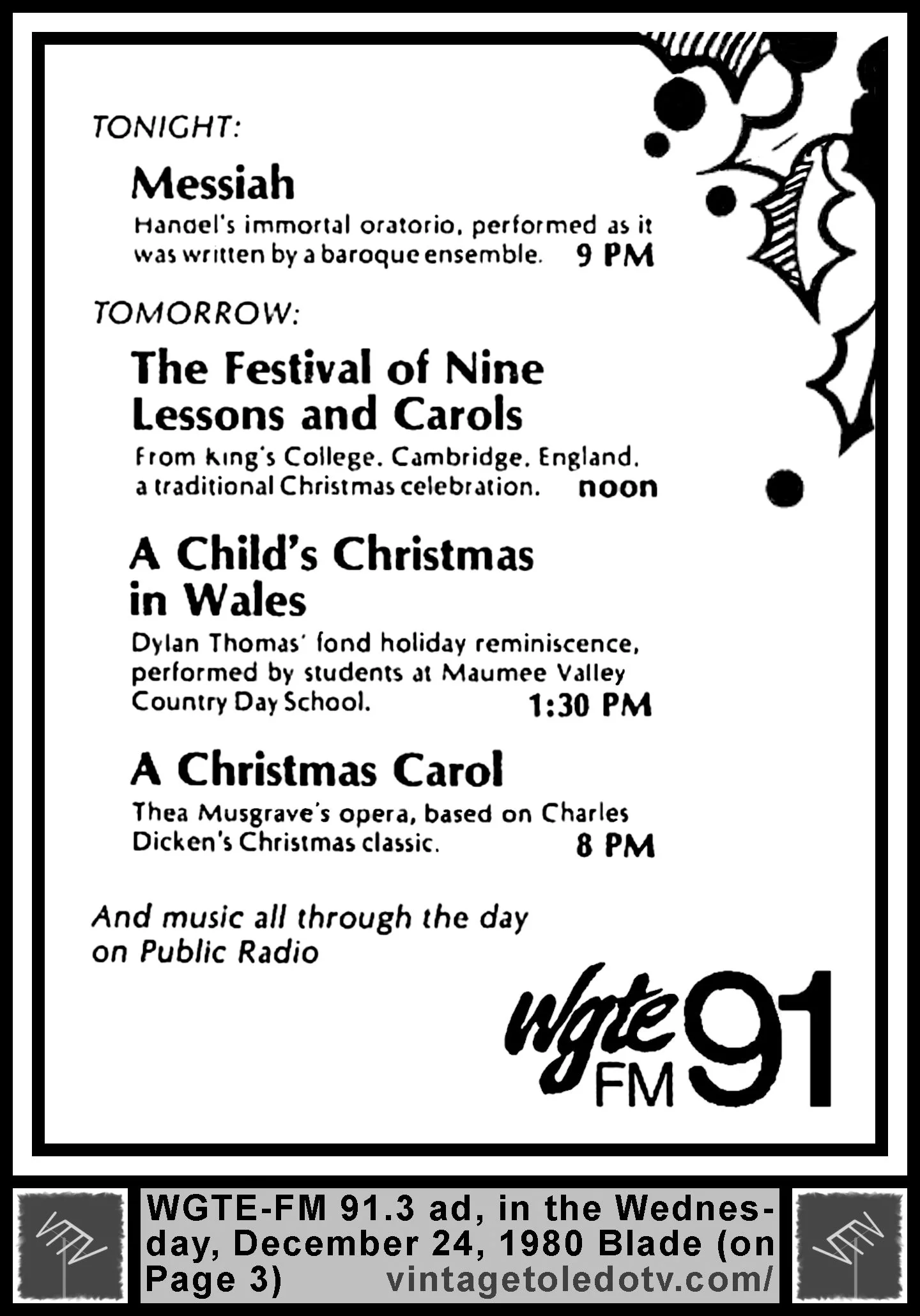 Christmas programming on WGTE-FM (Wednesday, 12/24/80 ad, in The Blade)