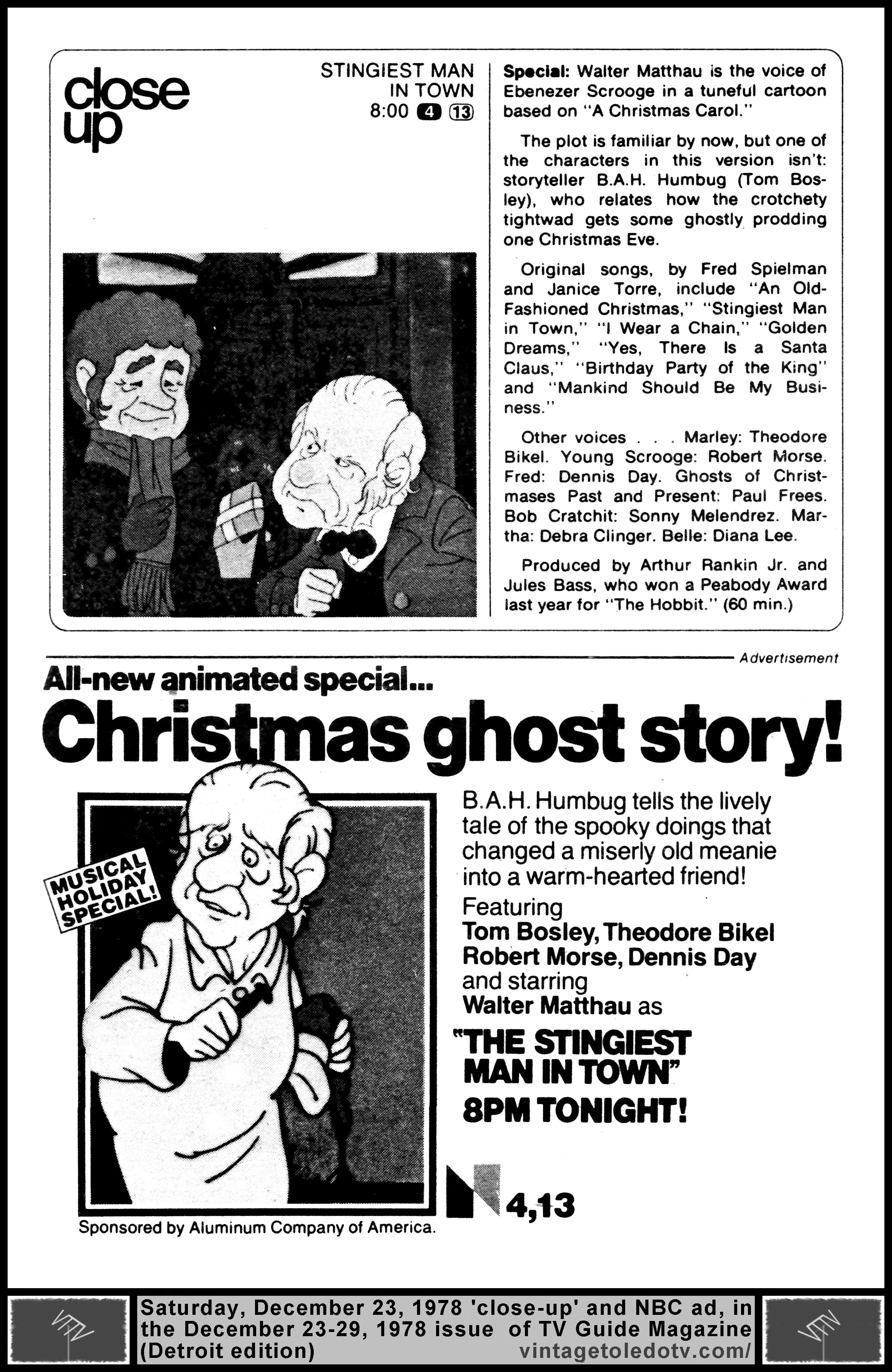 The Stingiest Man in Town, on NBC / WSPD-TV 13 / WDIV-TV 4 (Saturday, 12/23/79 close-up and ad, in TV Guide Magazine-Detroit edition