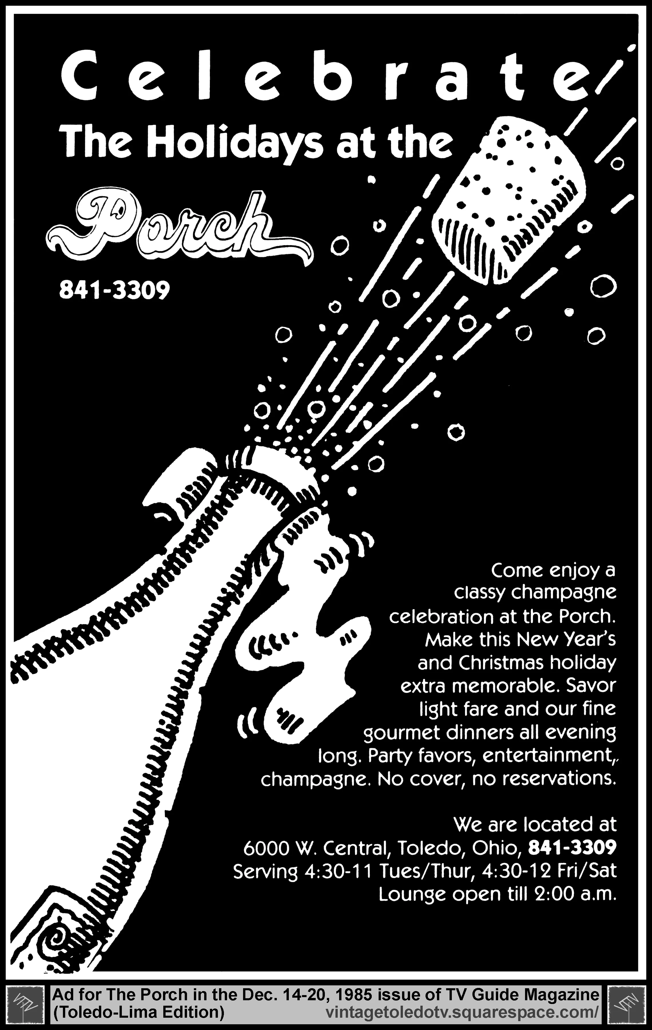 Celebrate the Holidays at the Porch (Wednesday, 12/18/85 ad, in TV Guide Magazine-Toledo/Lima edition)