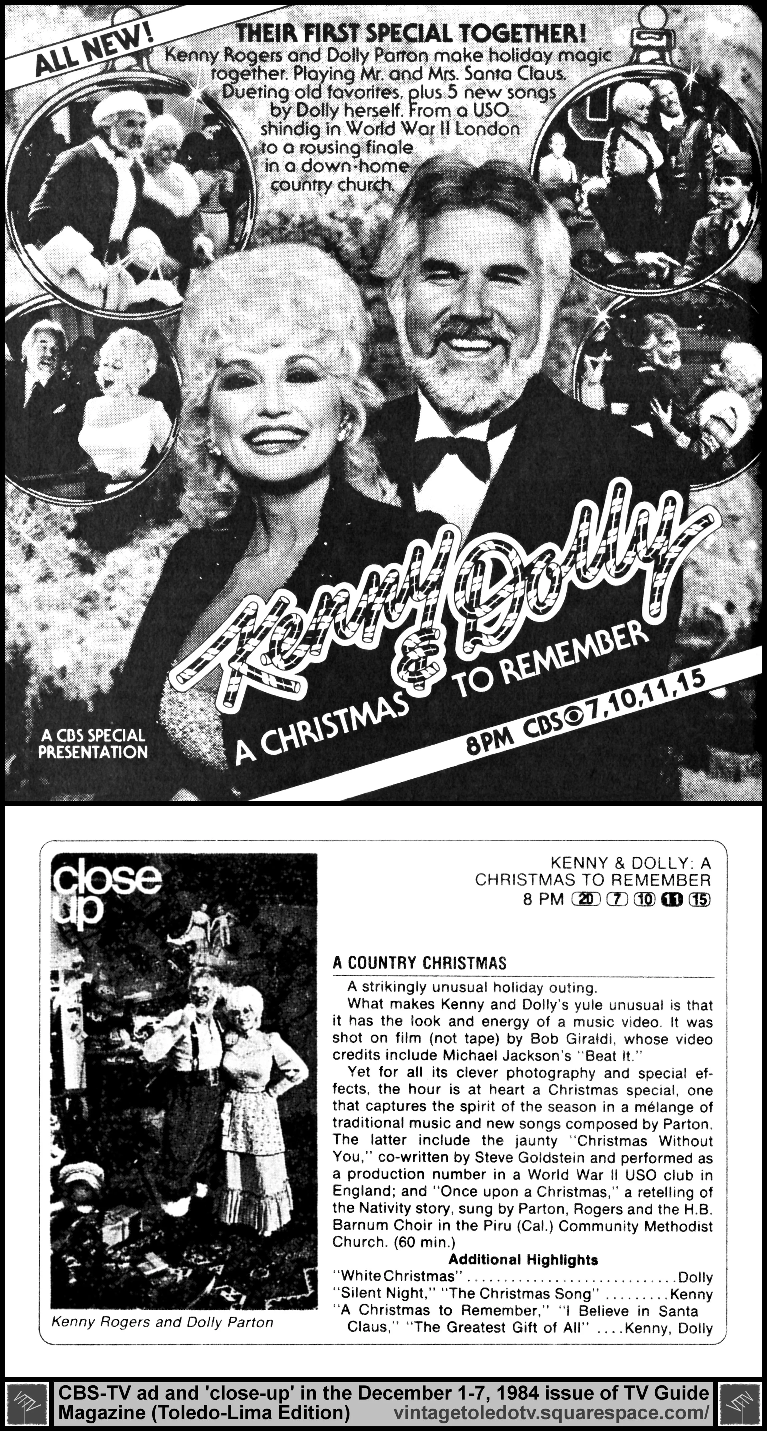 Kenny & Dolly: A Christmas to Remember, on CBS / WTOL-TV 11 (Sunday, 12/2/84 ad & close-up, in TV Guide Magazine-Toledo/Lima edition)