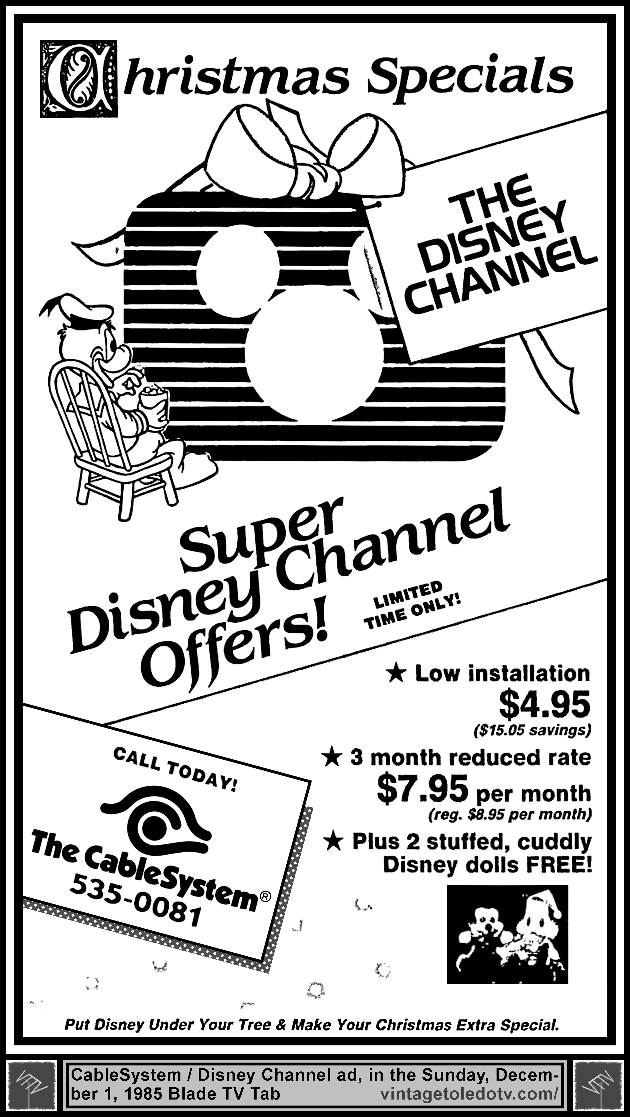 Christmas Specials...Super Disney Channel Offers!...The CableSystem (Sunday, 12/1/85 ad, in The Blade TV Tab)