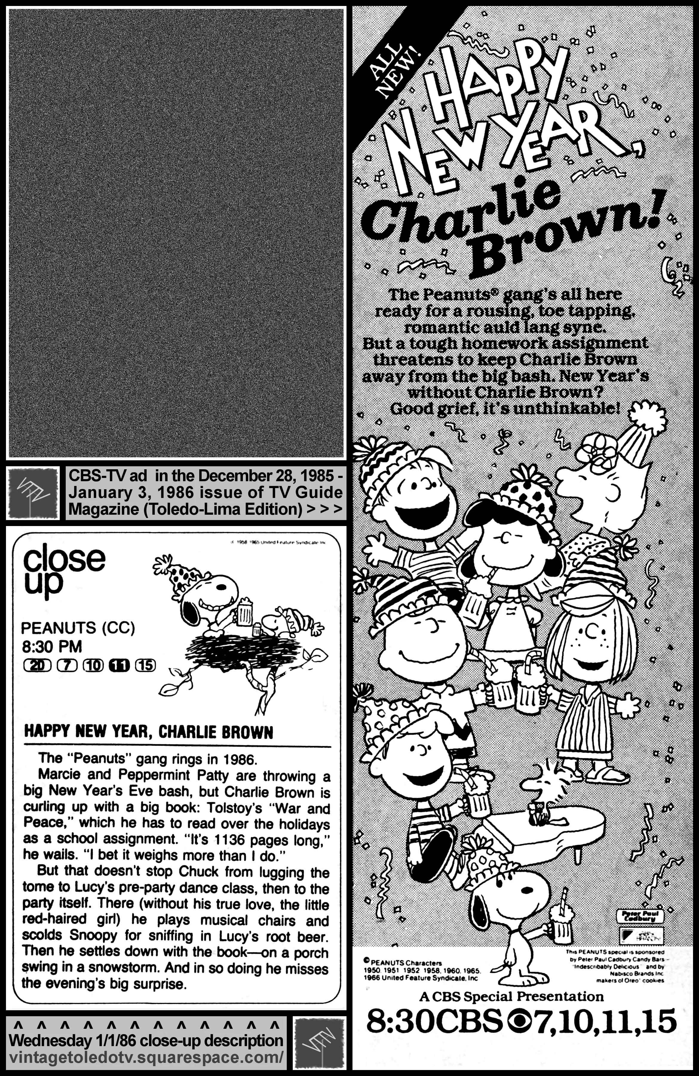 Happy New Year, Charlie Brown!, on CBS / WTOL-TV 11 (Wedneday, 1/1/86 ad & close-up, in TV Guide Magazine-Toledo/Lima edition)