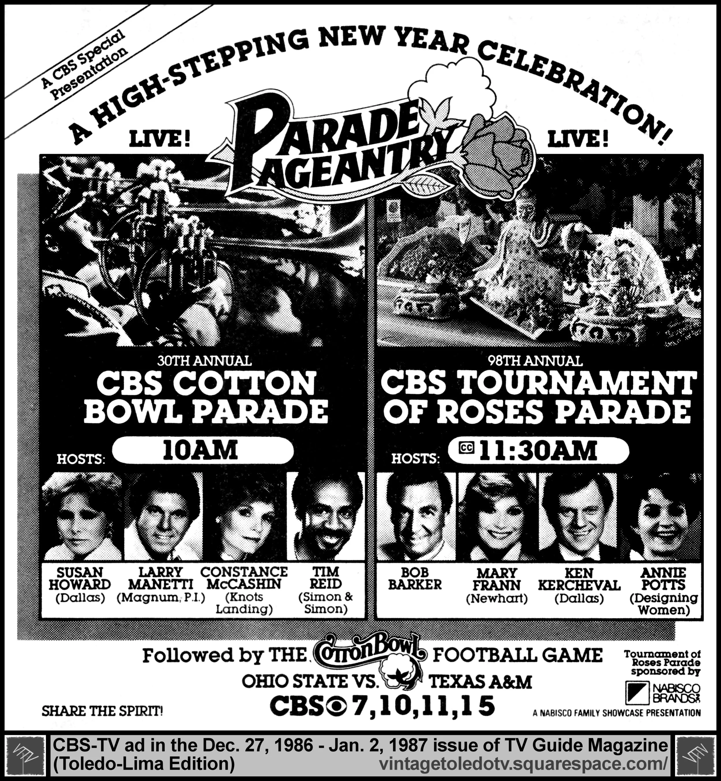 Cotton Bowl Parade & Tournament of Roses Parade, on CBS / WTOL-TV 11 (Thursday, 1/1/87 ad, in TV Guide Magazine-Toledo/Lima edition)