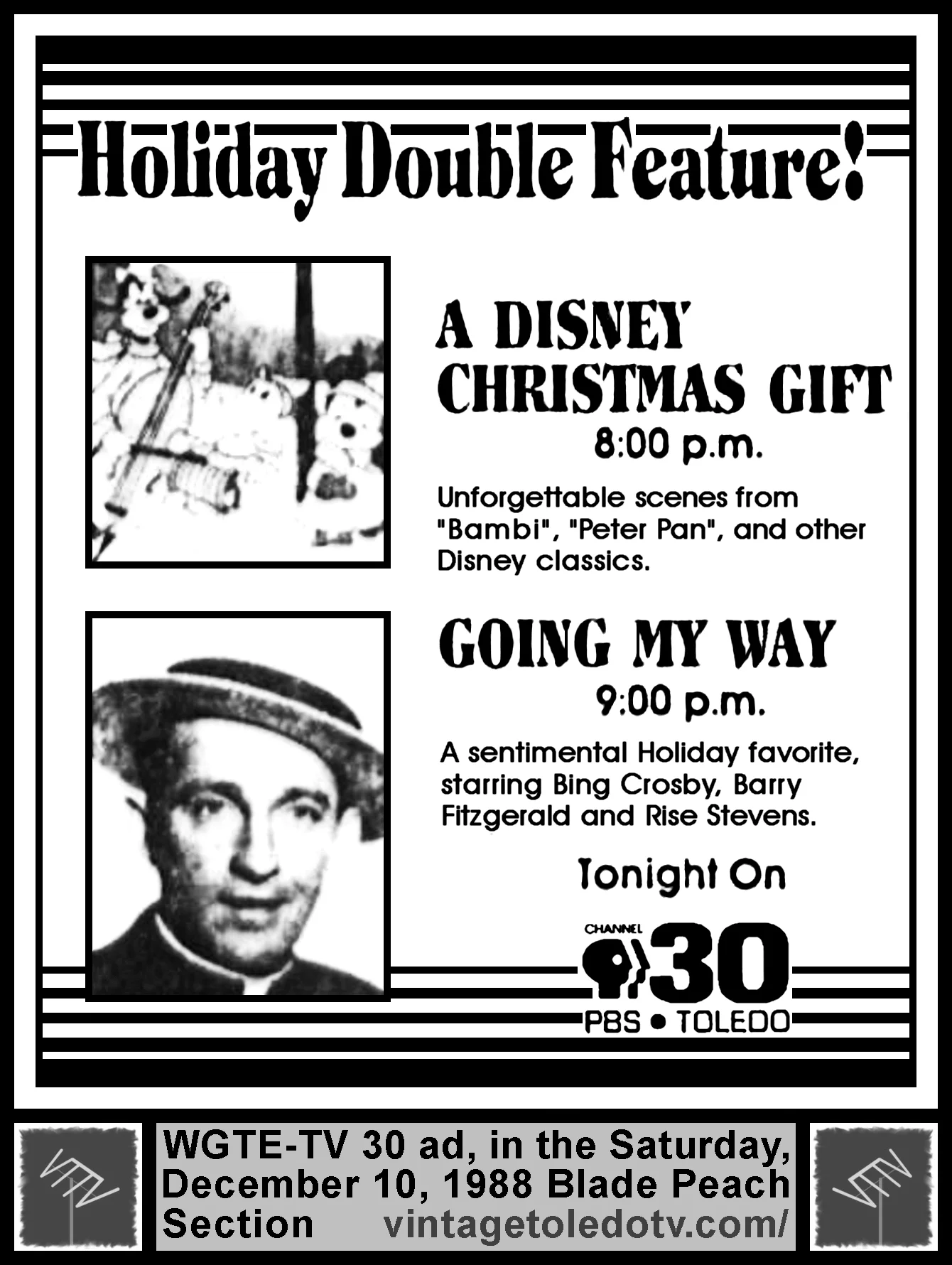 A Disney Christmas Gift & "Going My Way" on WGTE-TV 30 (Saturday, 12/10/88 ad, in The Blade Peach Section)