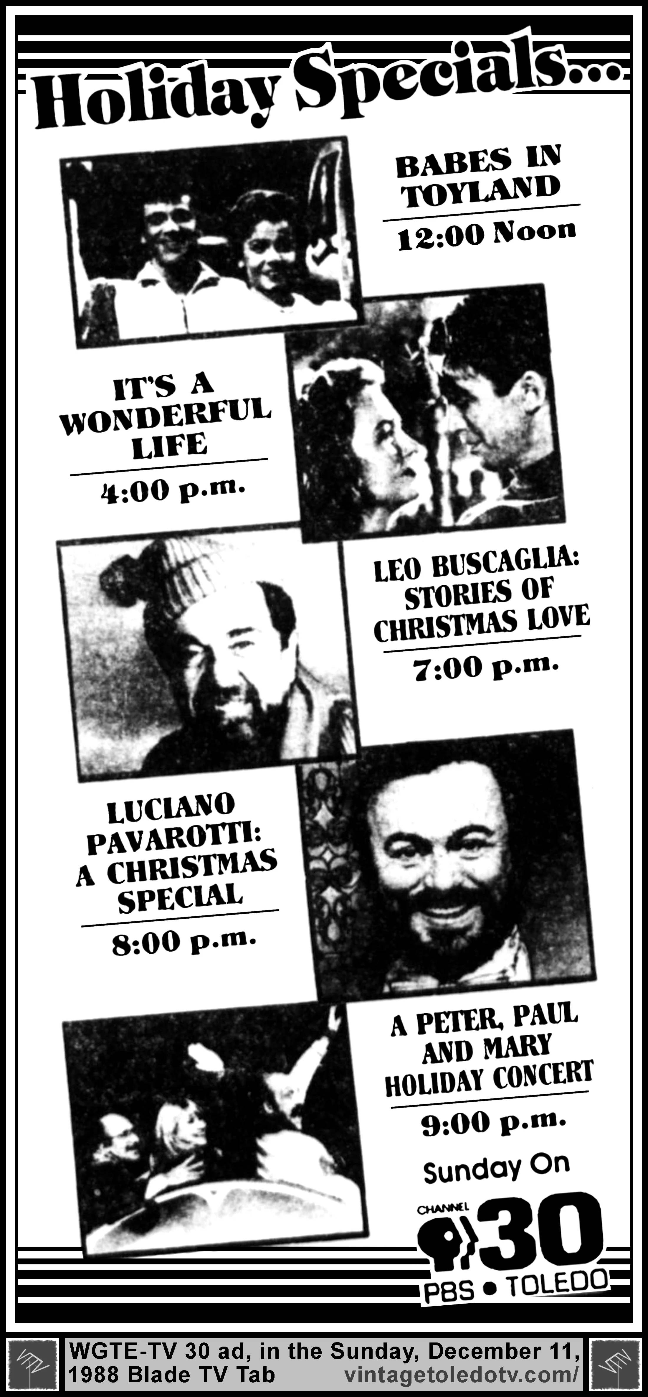 Holiday Specials...Sunday On WGTE-TV 30 (Sunday, 12/11/88 ad, in The Blade TV Tab)