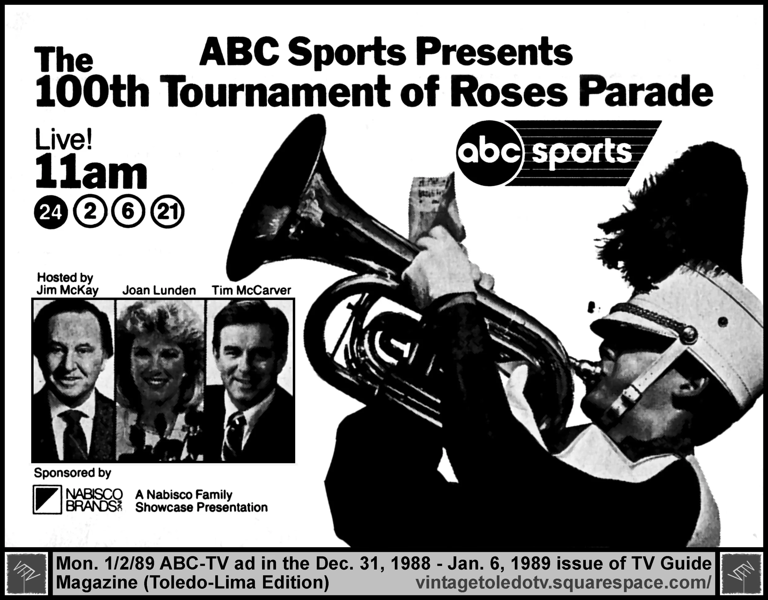 The 100th Tournament of Roses Parade, on ABC / WNWO-TV 24 (Monday, 1/2/89 ad, in TV Guide Magazine-Toledo/Lima edition)
