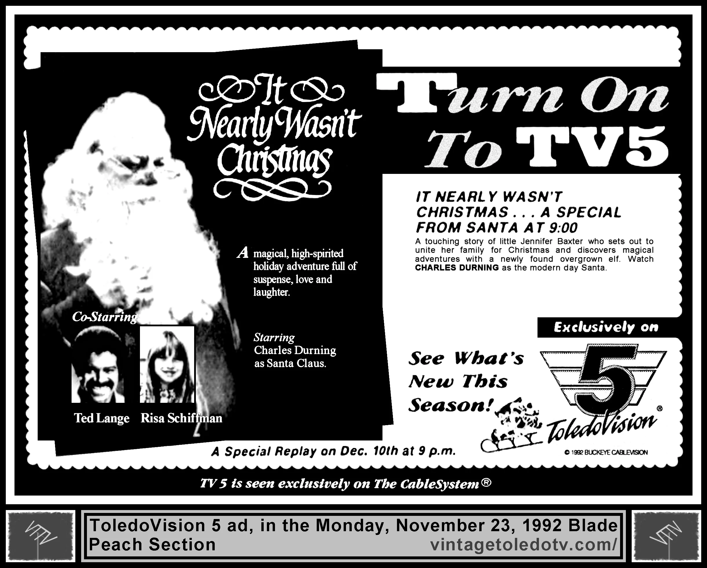 "It Nearly Wasn't Christmas" on ToledoVision 5 (Monday, 11/23/92 ad, in The Blade Peach Section)