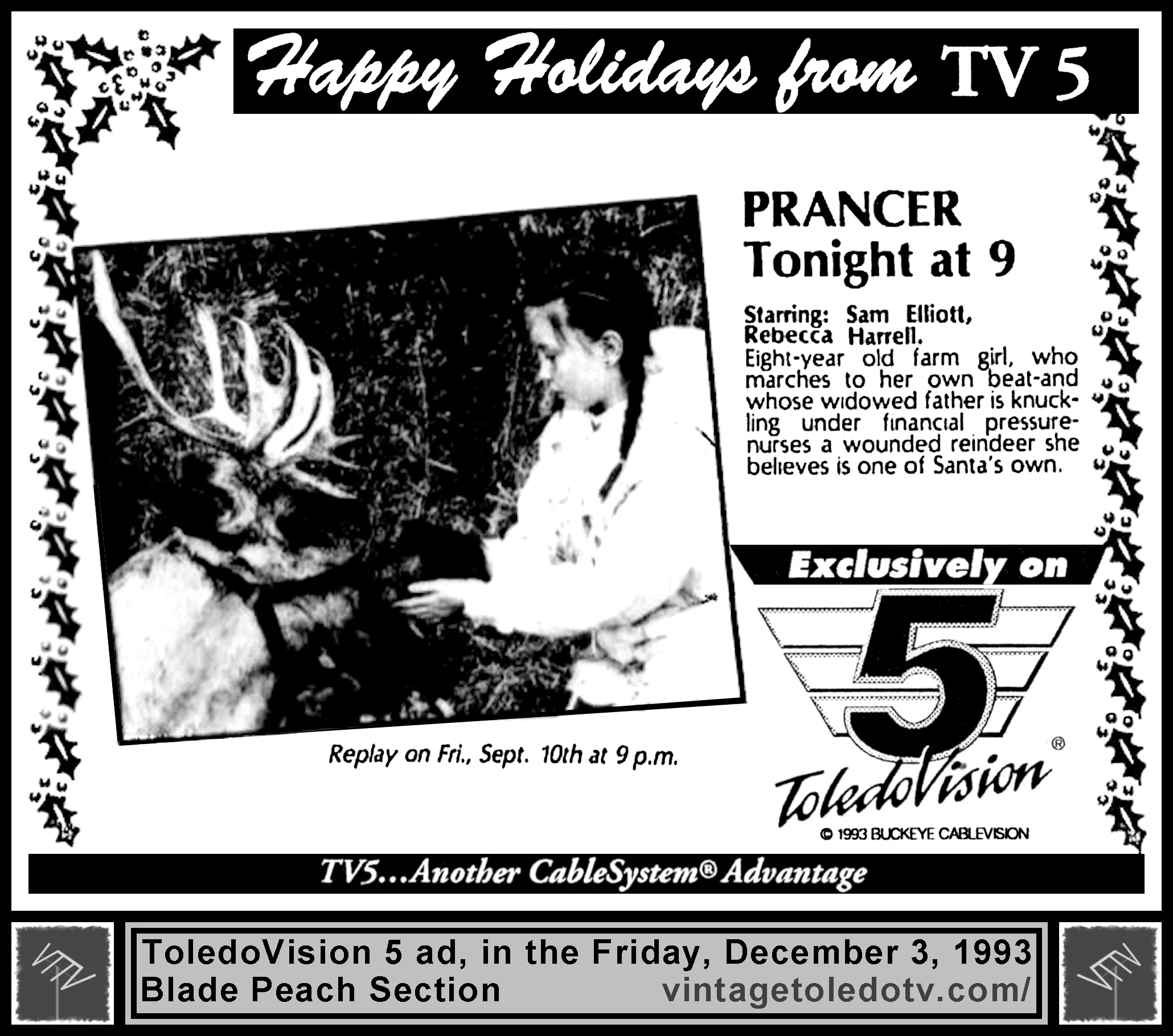 "Prancer" on ToledoVision 5 (Friday, 12/3/93 ad, in The Blade Peach Section)