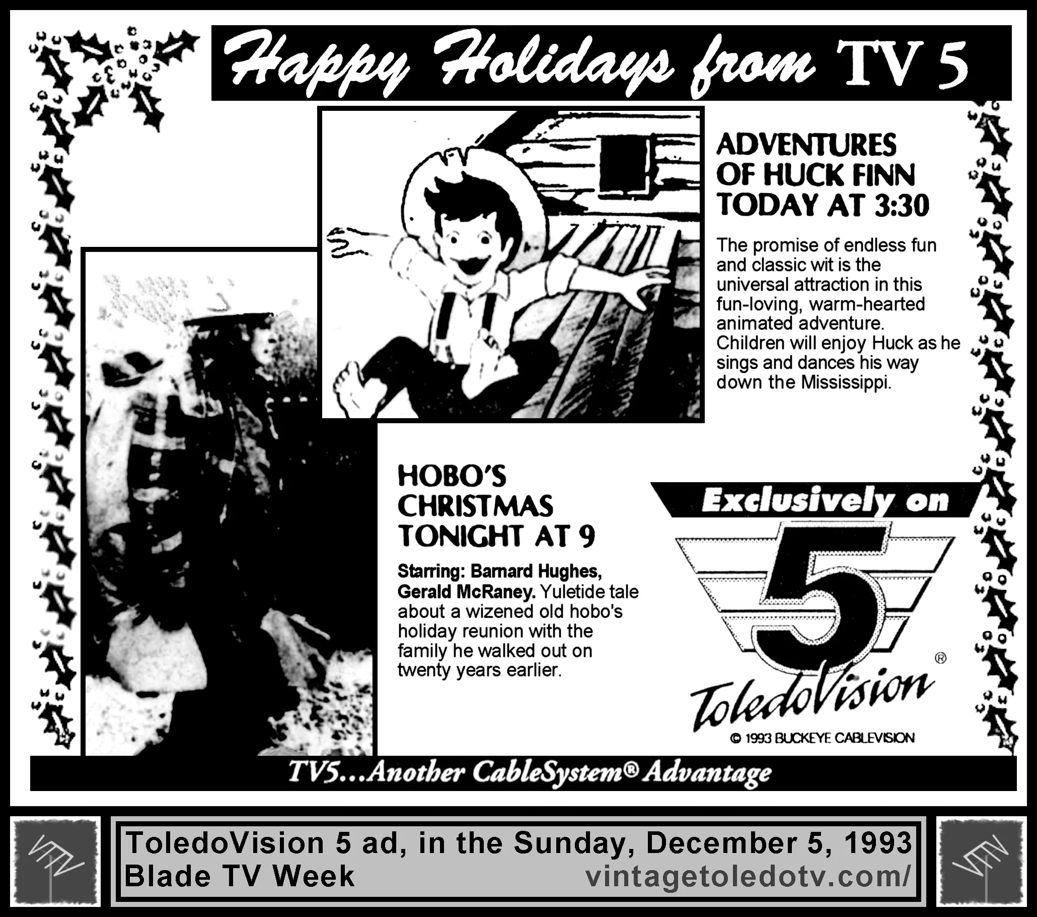 Adventures of Huck Finn & "Hobo's Christmas" on ToledoVision 5 (Sunday, 12/5/93 ad, in The Blade TV Week)