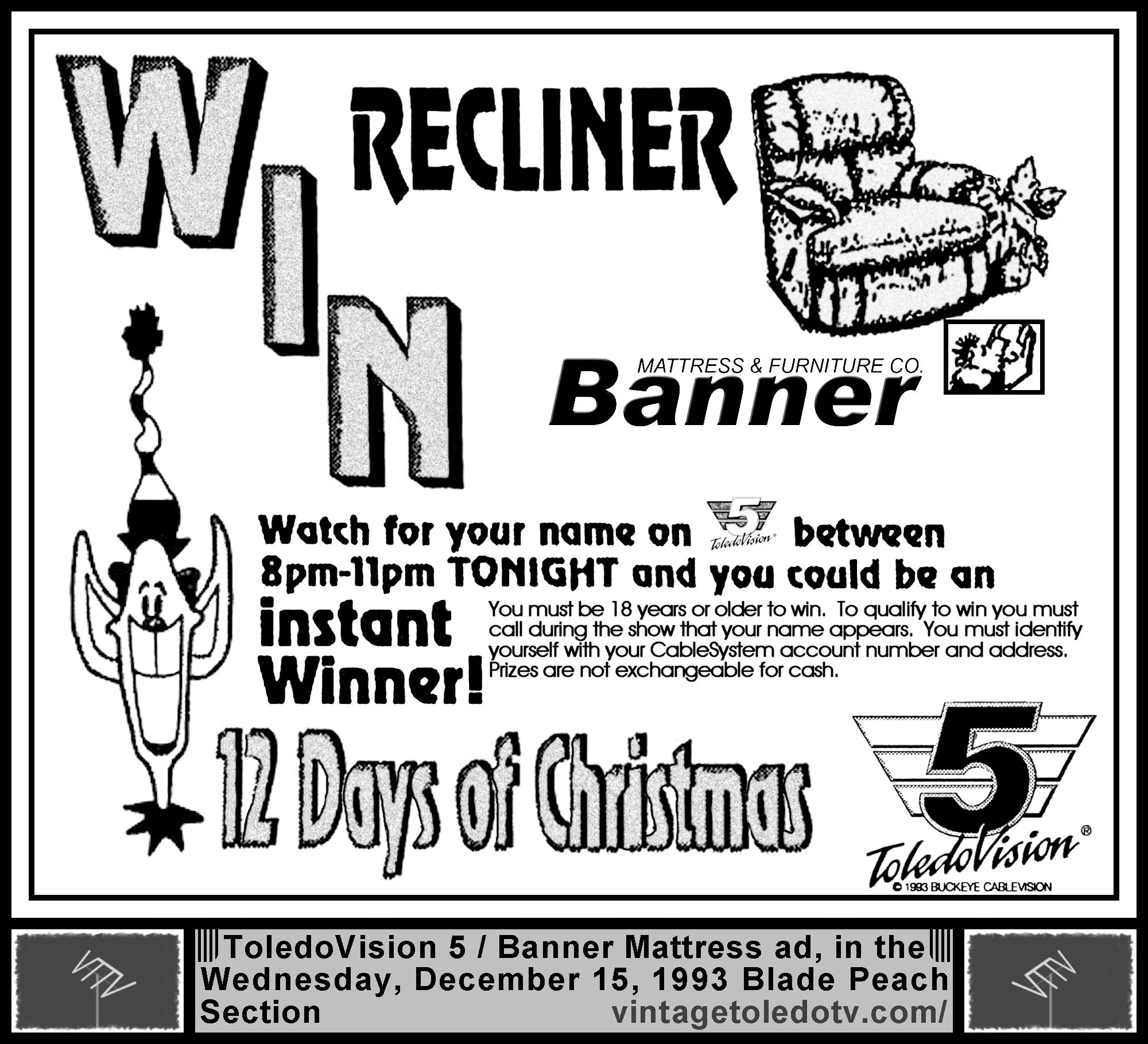12 Days of Christmas on ToledoVision 5 (Wednesday, 12/15/93 ad, in The Blade Peach Section)