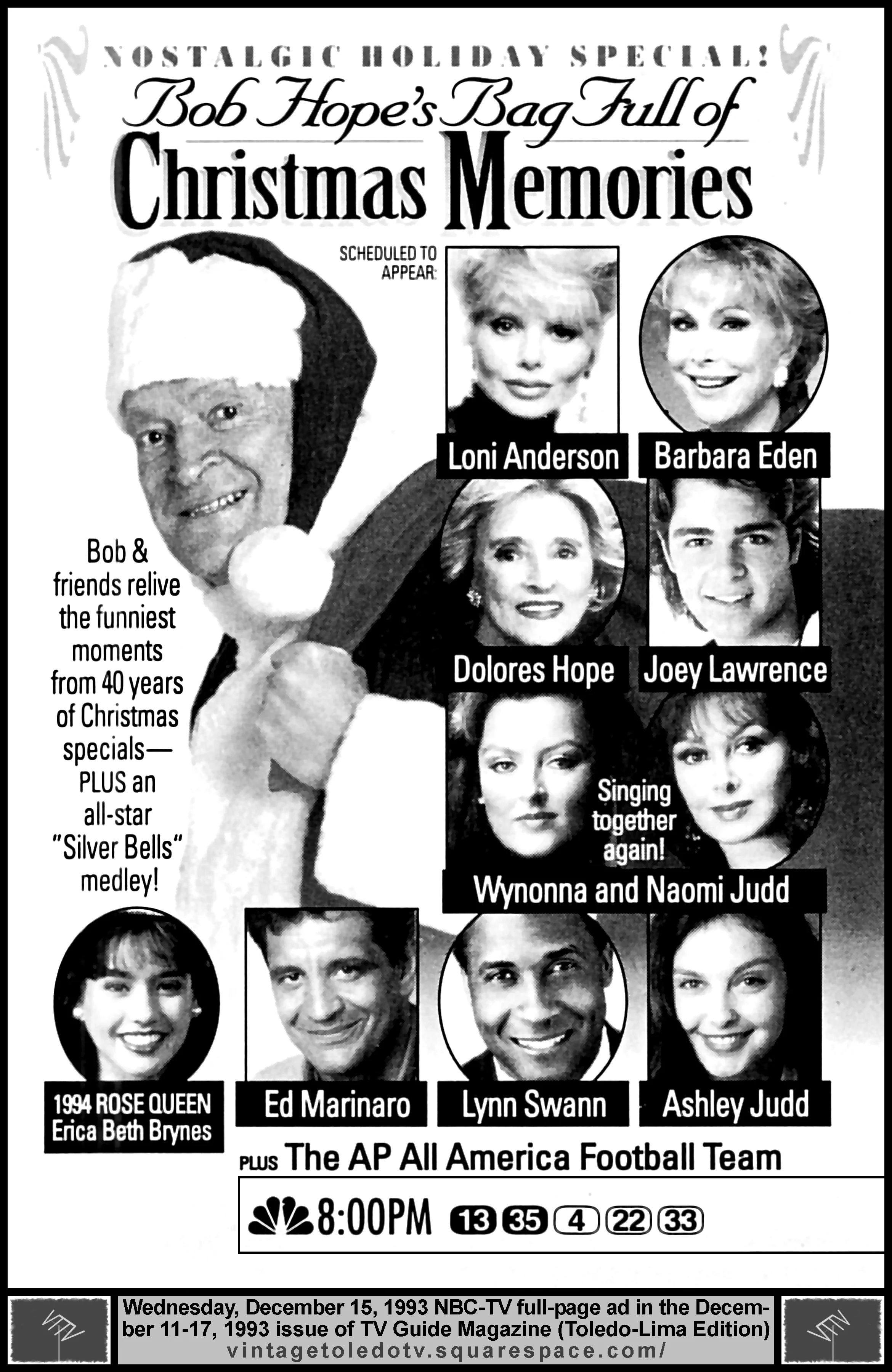 Bob Hope's Bag Full of Christmas Memories, on NBC / WTVG-TV 13 (Wednesday, 12/15/93 full-page ad, in TV Guide Magazine-Toledo/Lima edition)