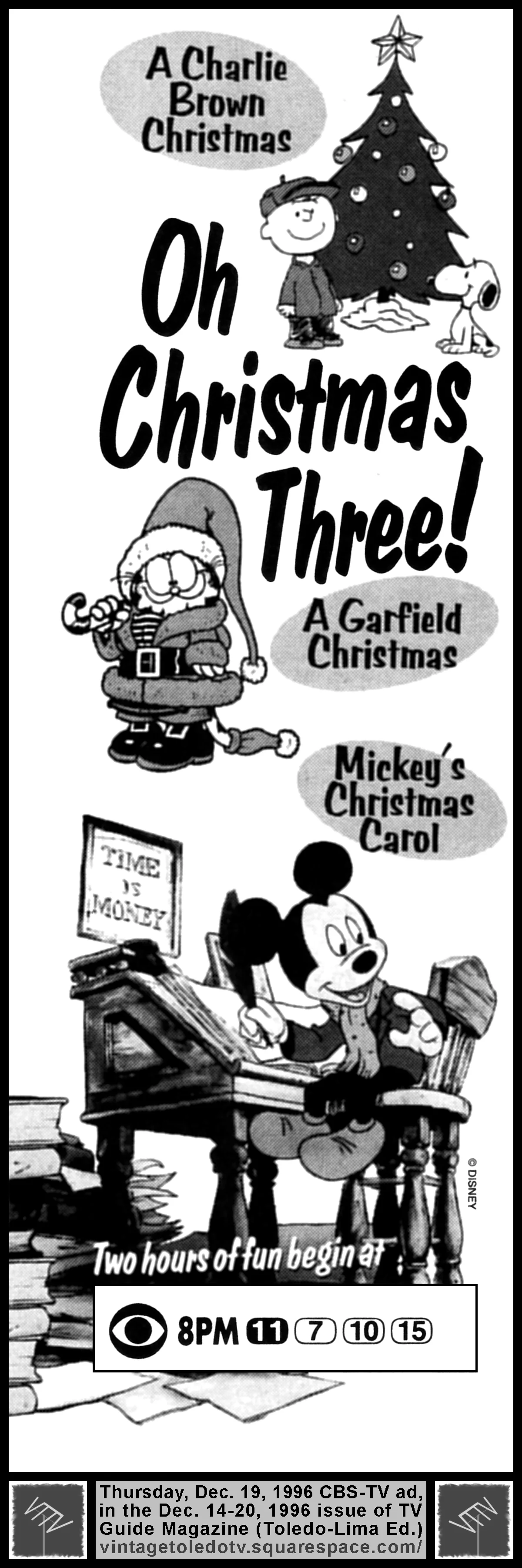 A Charlie Brown Christmas, A Garfield Christmas, & Mickey's Christmas Carol, on CBS / WTOL-TV 11 (Thursday, 12/19/96 ad, in TV Guide Magazine-Toledo/Lima edition)