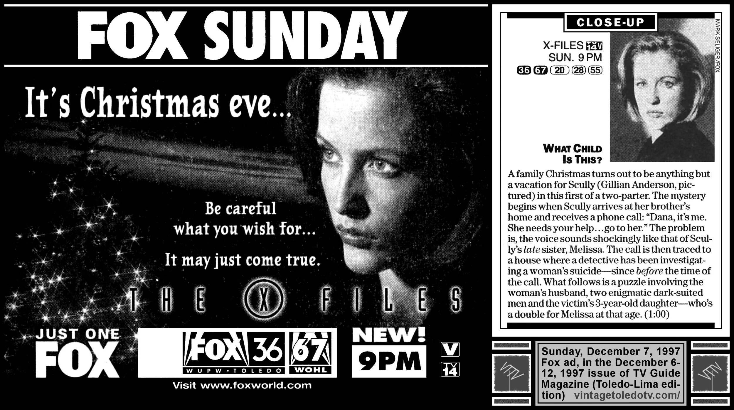 The X-Files, "Christmas Carol" on FOX / WUPW-TV 36 / WOHL-TV 67 (Sunday, 12/7/97 ad & close-up. in TV Guide Magazine-Toledo/Lima edition)