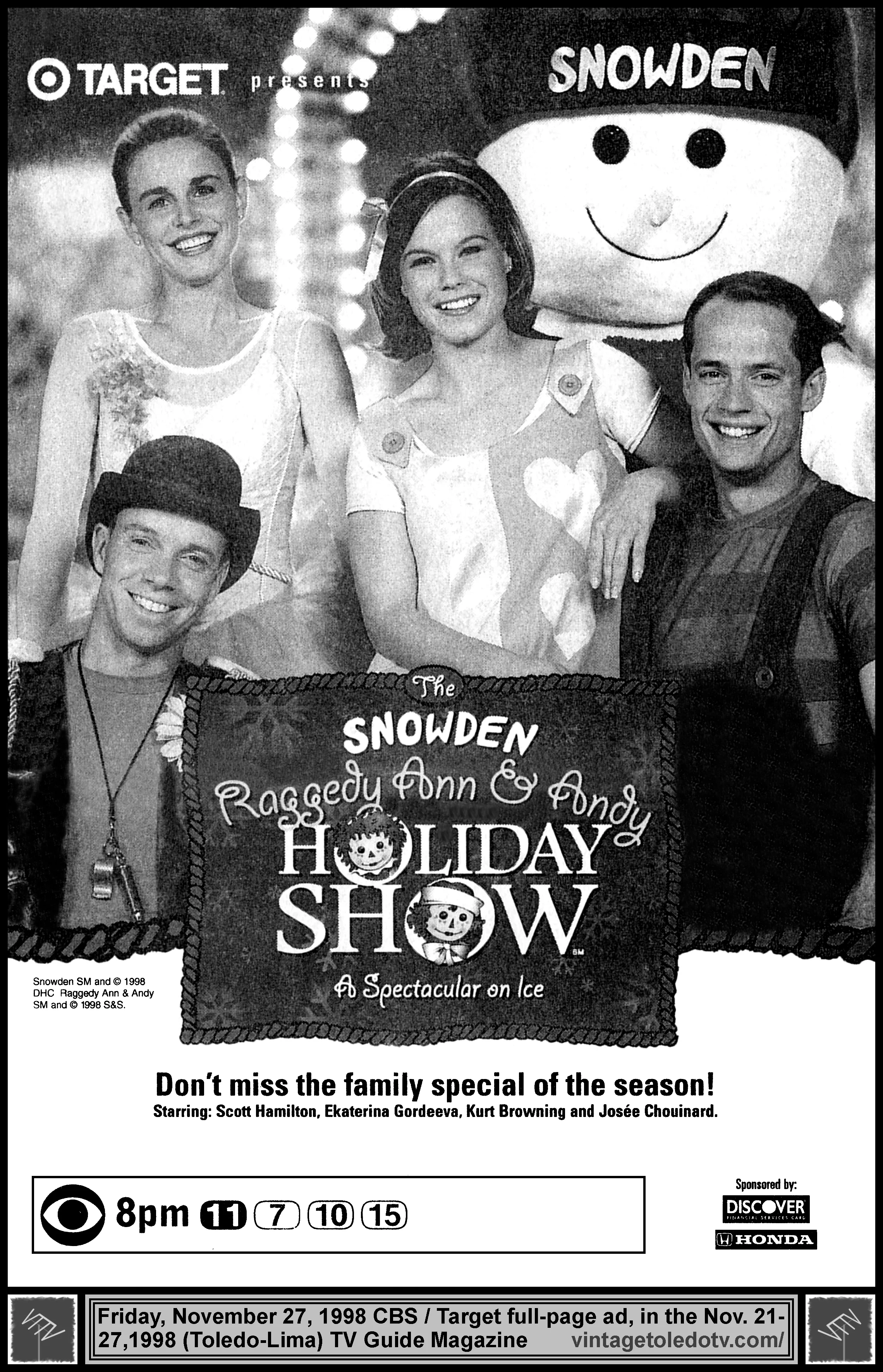 The Snowden Raggedy Ann & Andy Holiday Show, on CBS / WTOL-TV 11 (Friday, 11/27/98 full-page ad, in TV Guide Magazine-Toledo/Lima edition)