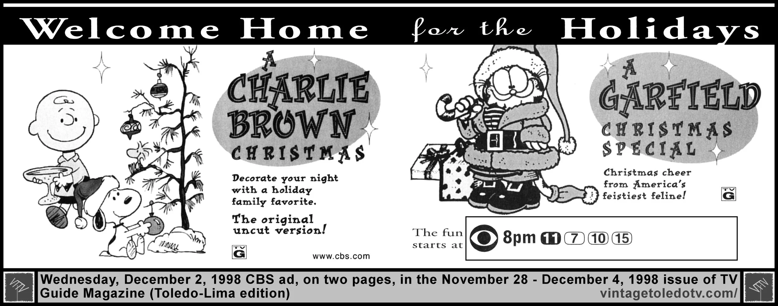 A Charlie Brown Christmas & A Garfield Christmas Special, on CBS / WTOL-TV 11 (Wednesday, 12/2/98 ad, on 2 pages, in TV Guide Magazine-Toledo/Lima edition)