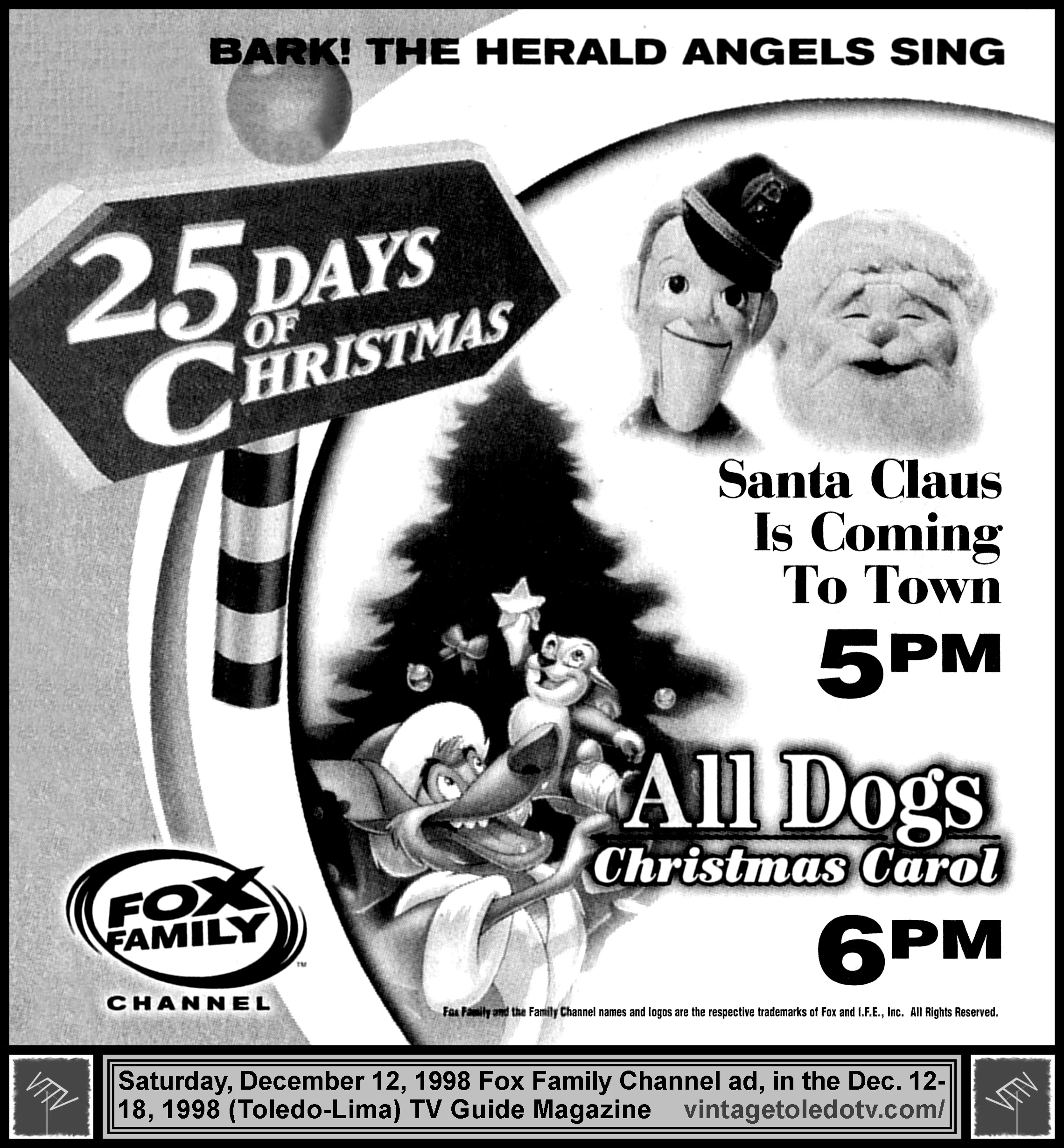 Santa Claus is Coming to Town & All Dogs Christmas Carol, on Fox Family Channel (Saturday, 12/12/98 ad, in TV Guide Magazine-Toledo/Lima edition)