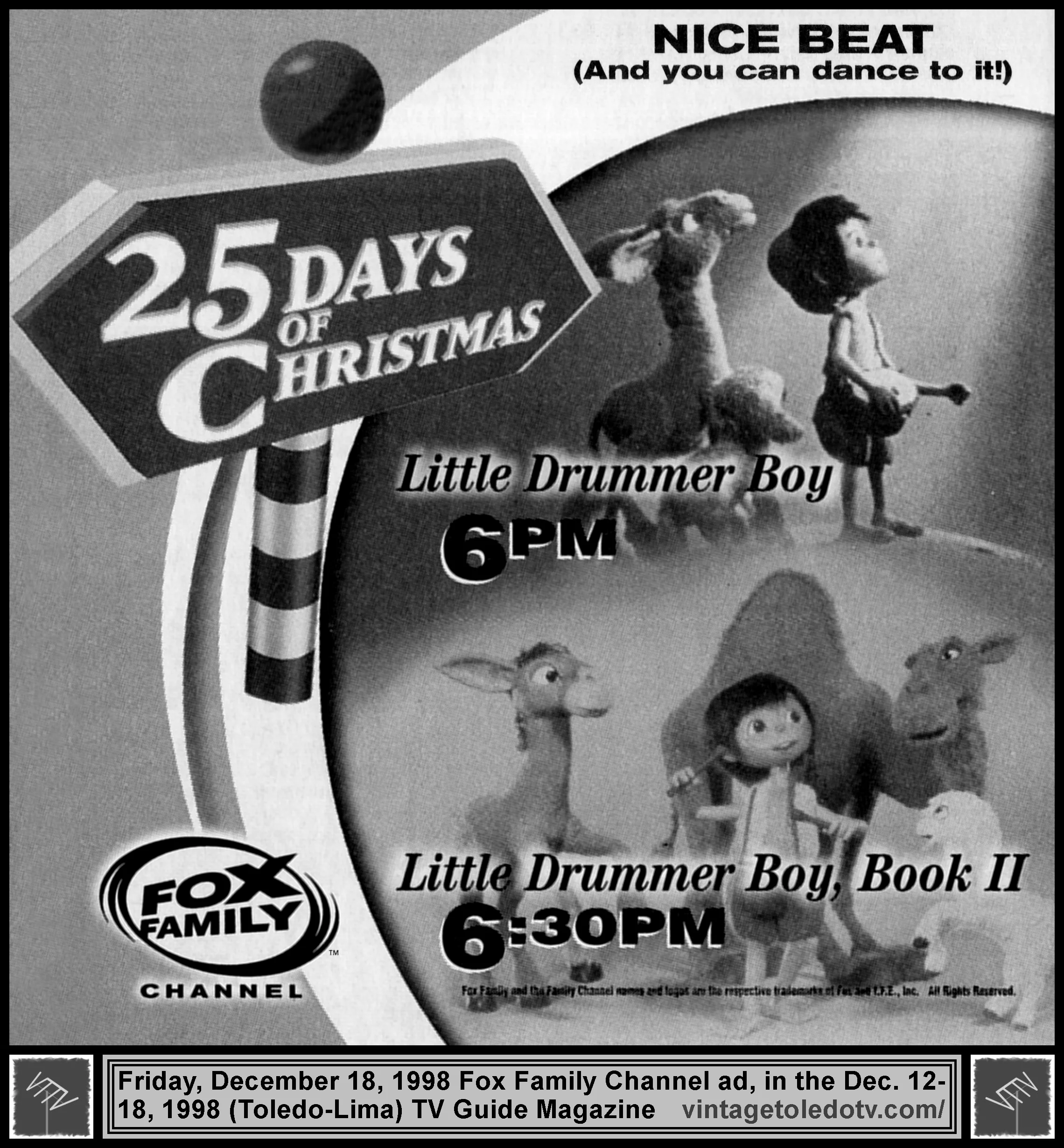 Little Drummer Boy & Little Drummer Boy Book II, on Fox Family Channel (Friday, 12/18/98 ad, in TV Guide Magazine-Toledo/Lima edition)