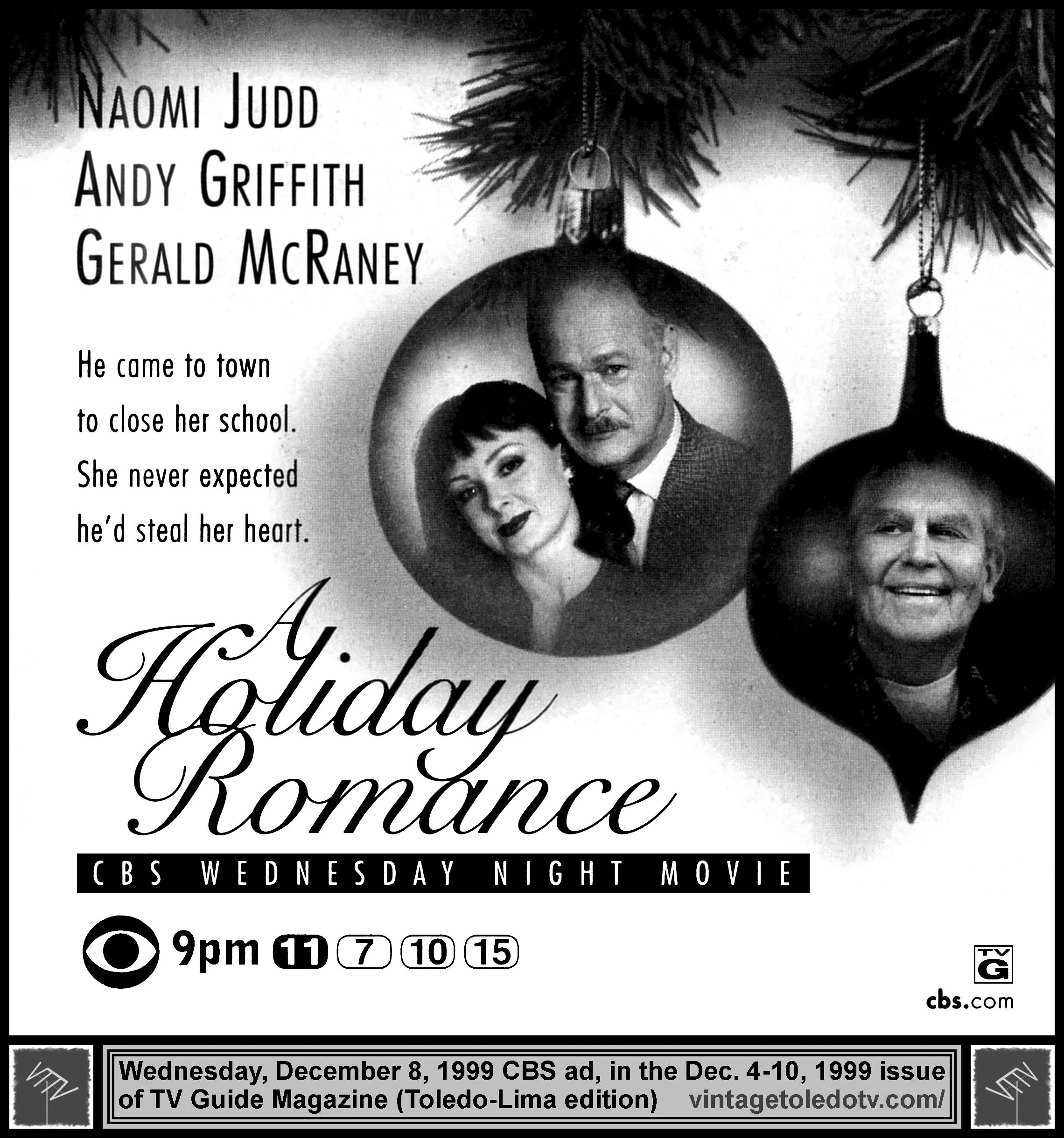 CBS Wednesday Night Movie, "A Holiday Romance" on CBS / WTOL-TV 11 (12/8/99 ad, in TV Guide Magazine-Toledo/Lima edition)