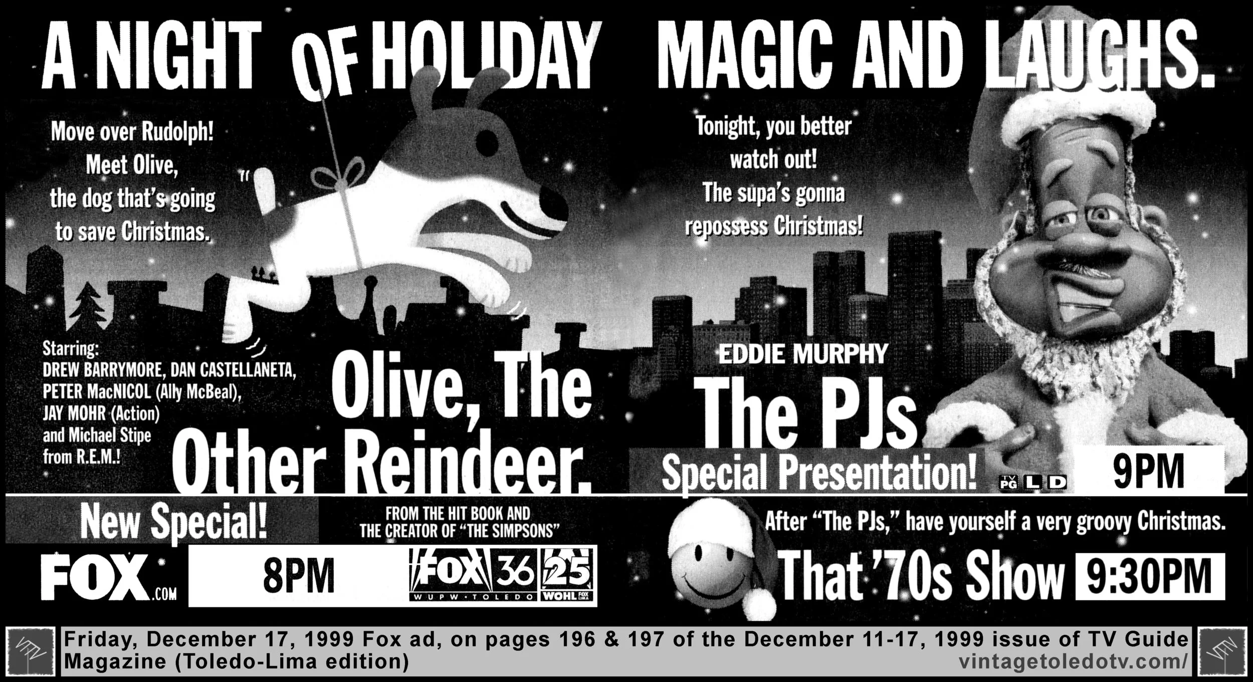 A Night of Holiday Magic and Laughs on FOX / WUPW-TV 36 / WOHL-TV 25 (Friday, 12/17/99 ad, on 2 pages of TV Guide Magazine-Toledo-Lima edition)