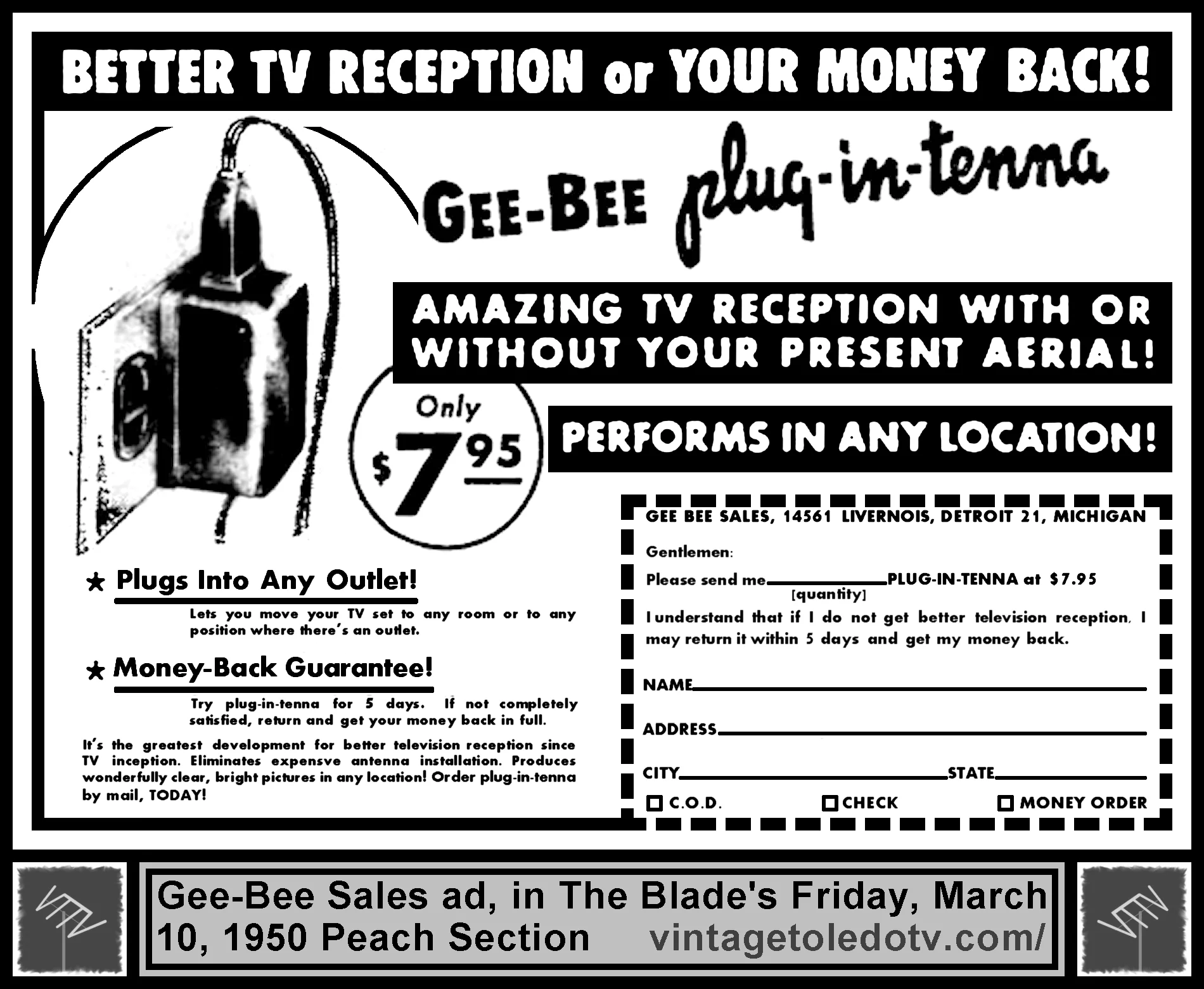 Gee-Bee plug-in-tenna (Friday, 3/10/50 ad, in The Blade Peach Section)