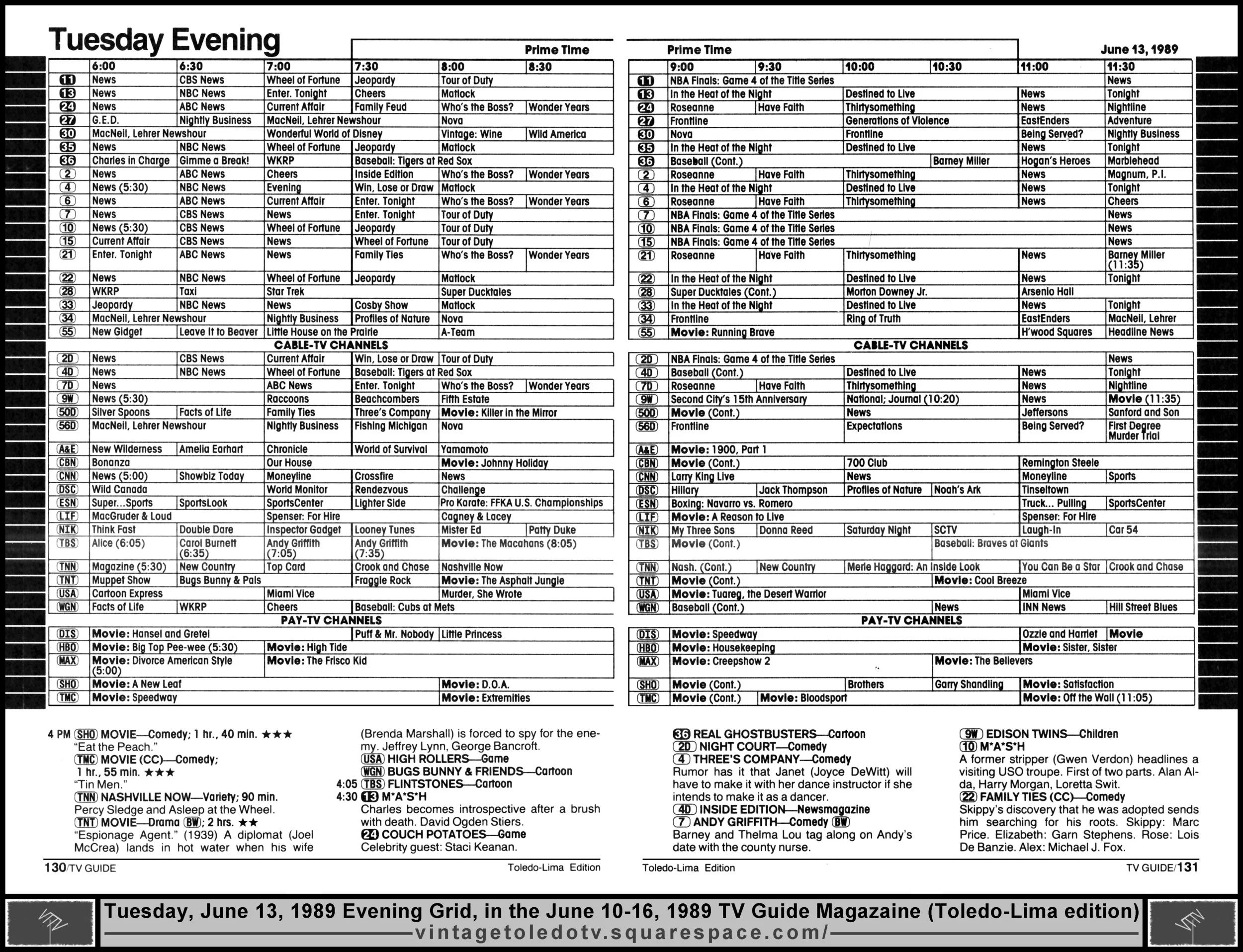 June 10-16, 1989 TV Guide Magazine (Toledo-Lima edition) pages 130 & 131 (Tuesday Evening Grid)