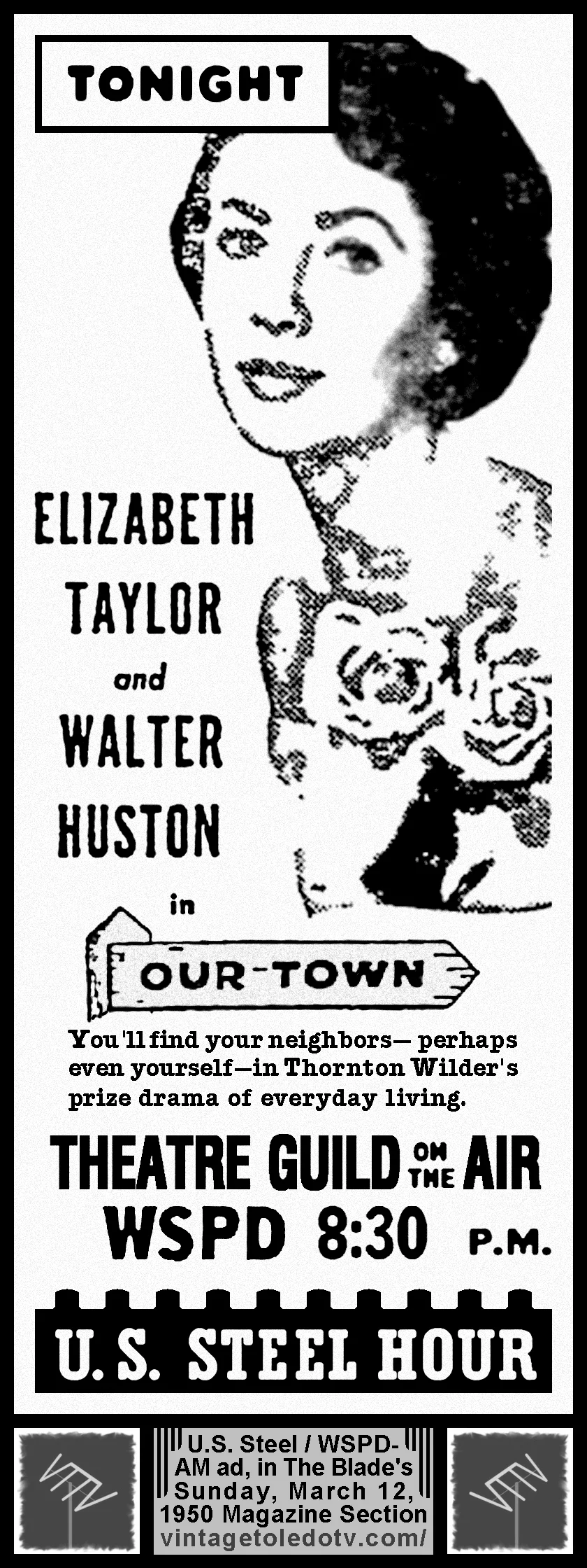 Theatre Guild on the Air "Our Town" on WSPD-AM (Sunday, 3/12/50 ad, in The Blade Magazine Section)